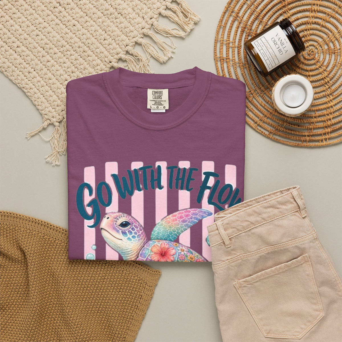 T-Shirt Go With The Flow Floral Sea Turtle Graphic Tee