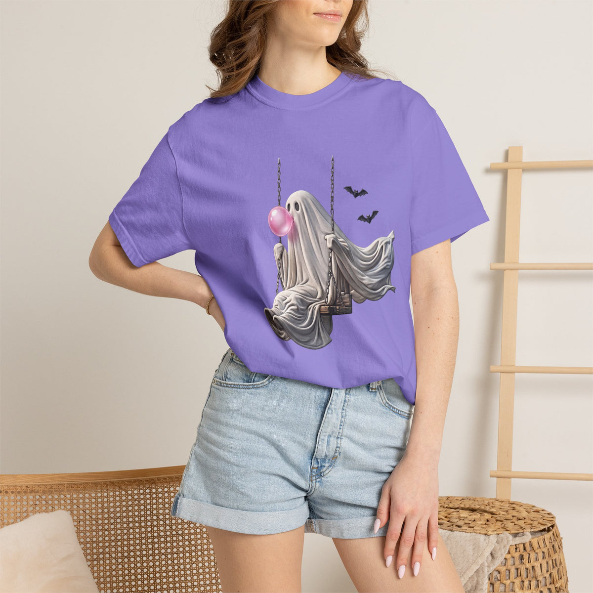 Ghost on Swing Tee Shirt | Cute Halloween Ghost Blowing Bubblegum, Bats
