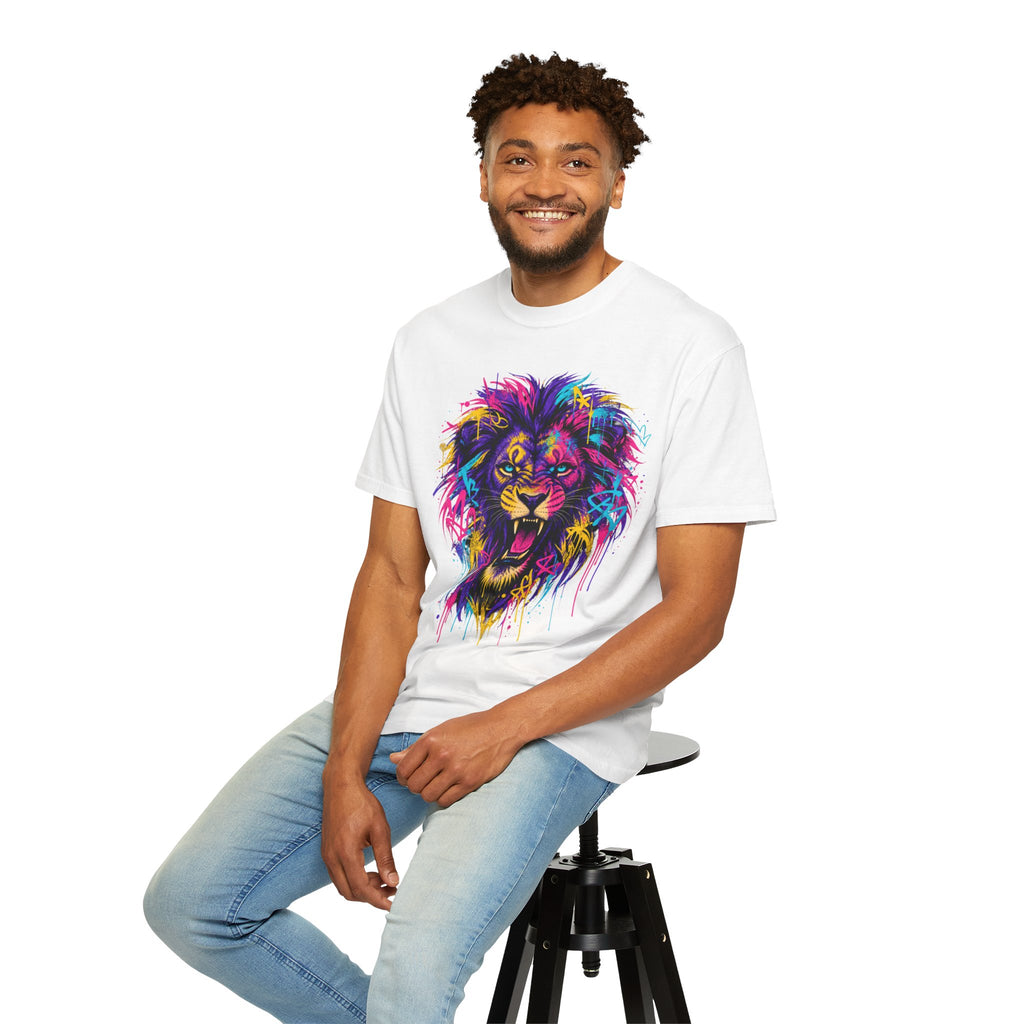 Colorful Roaring Lion T Shirt Vibrant Neon Animal Graphic Tee