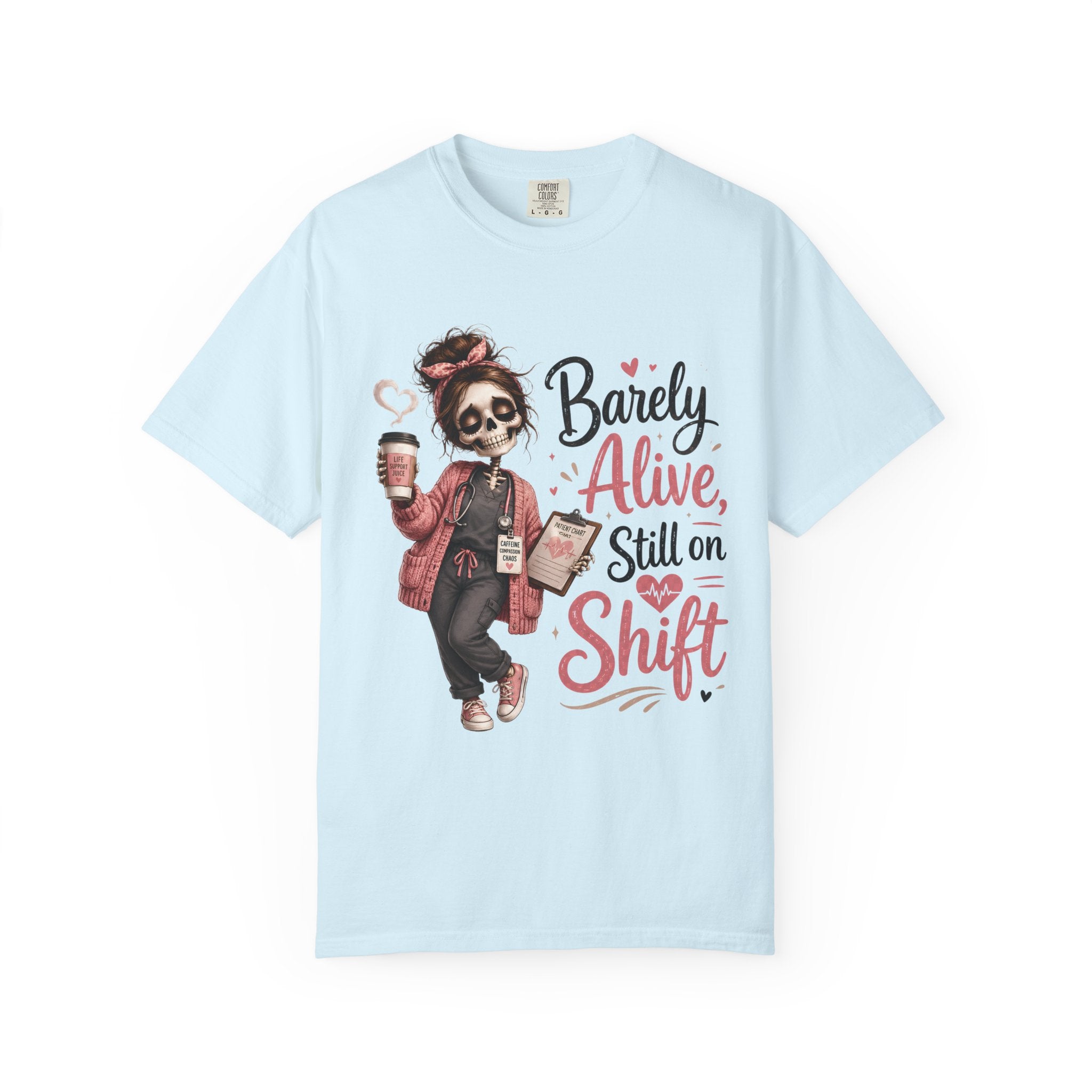 T Shirt Barely Alive Still on Shift Skeleton Barista Graphic Tee