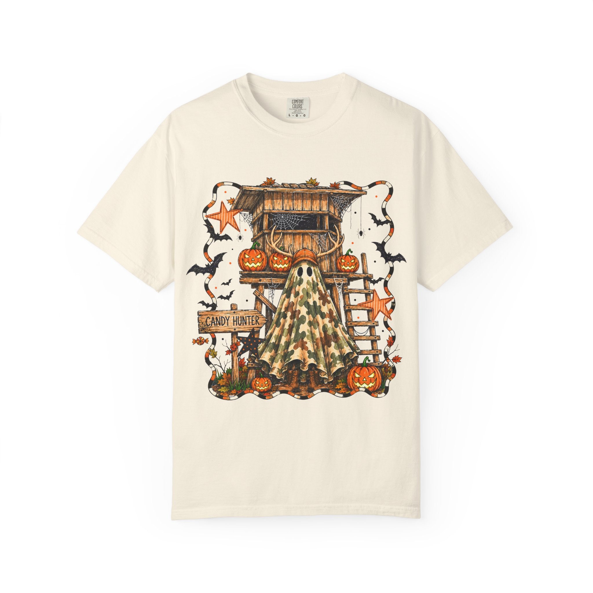 Halloween Ghost Treehouse T-Shirt Front and Back 31 October Camo Pumpkin Tee