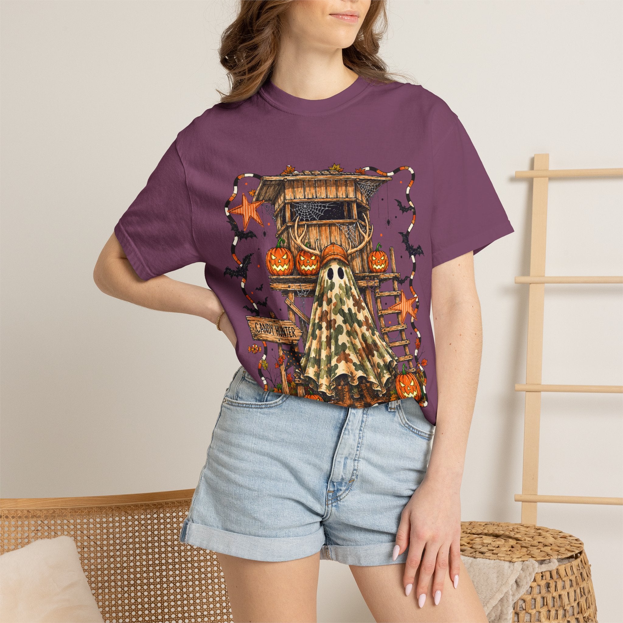 Halloween Ghost Treehouse T-Shirt Front and Back 31 October Camo Pumpkin Tee