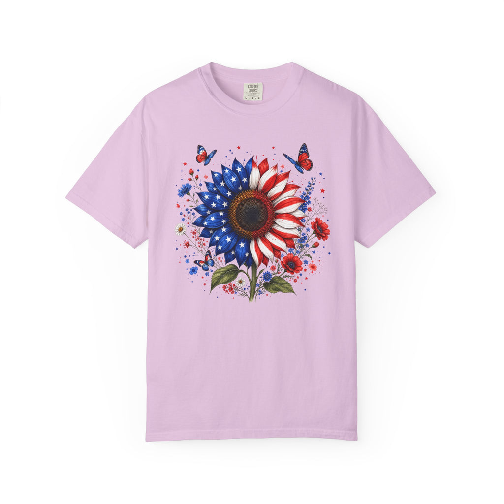 Patriotic Sunflower T Shirt American Flag Floral Tee Fourth of July