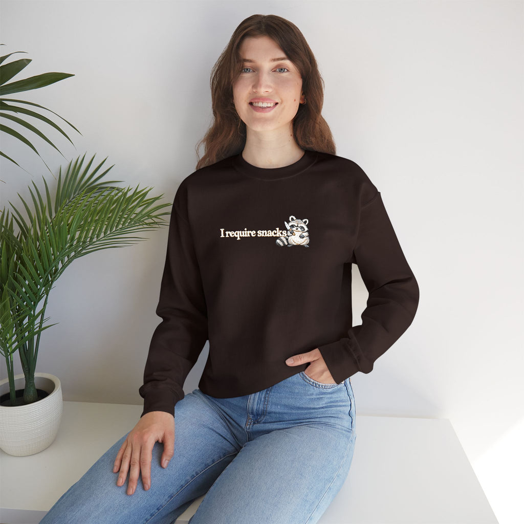 I Require Snacks Embroidered Sweatshirt, Funny Raccoon Sweatshirt, Minimalist Embroidery, Sarcastic Animal Lover Gift, Cozy Crewneck