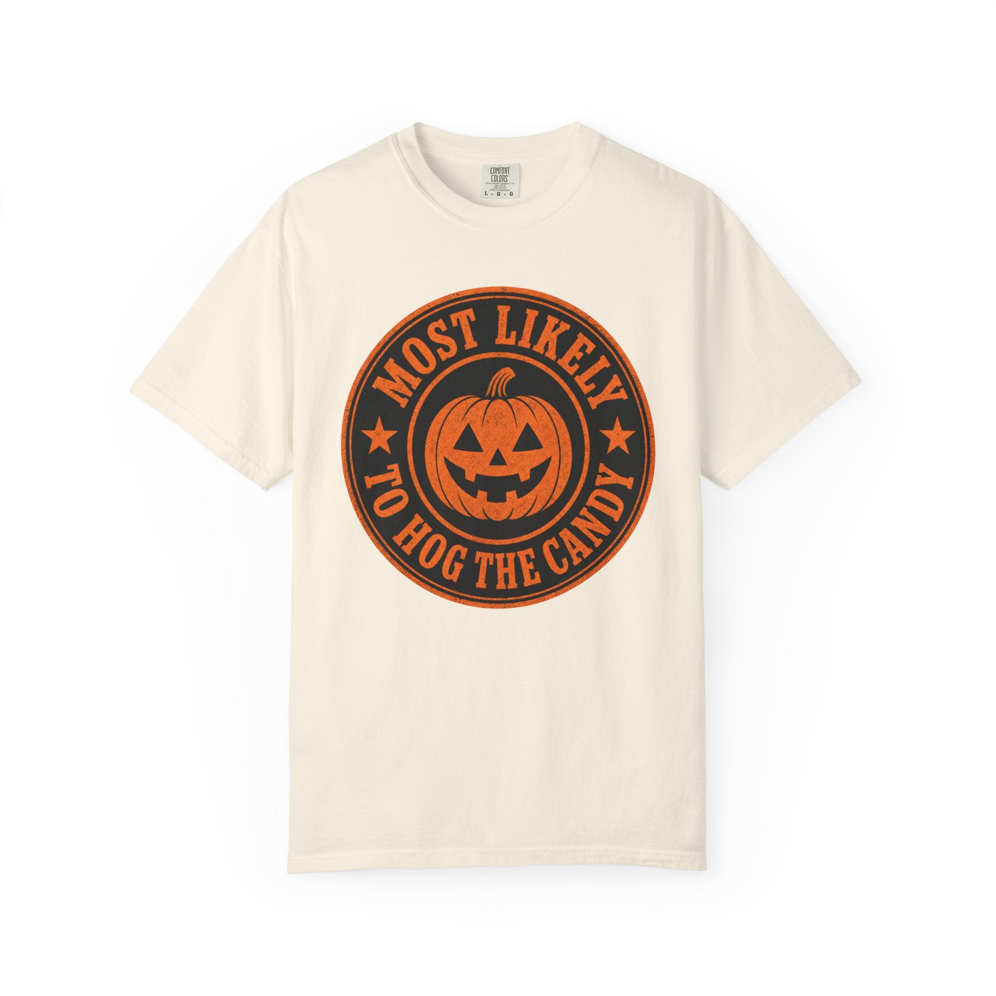 Most Likely to Hog the Candy Halloween T Shirt Jack-O Lantern Pumpkin Graphic Tee