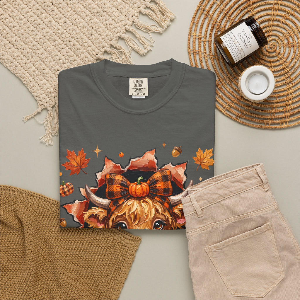 Highland Cow Autumn Tee Shirt Cute Fall Plaid Calf Design