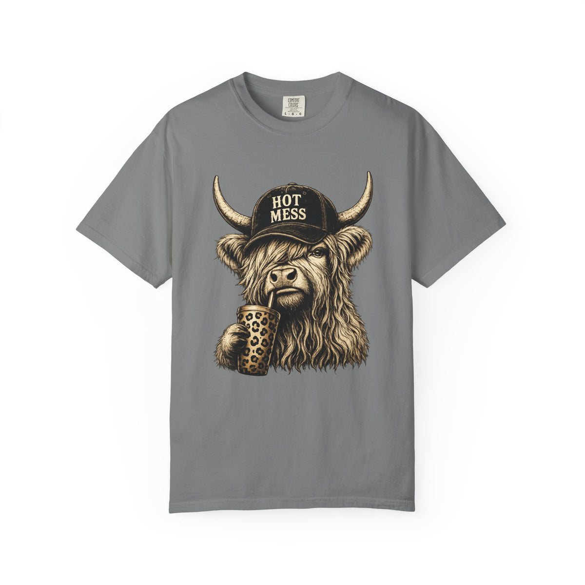 Hot Mess Highland Cow T Shirt Funny Cow with Coffee Graphic