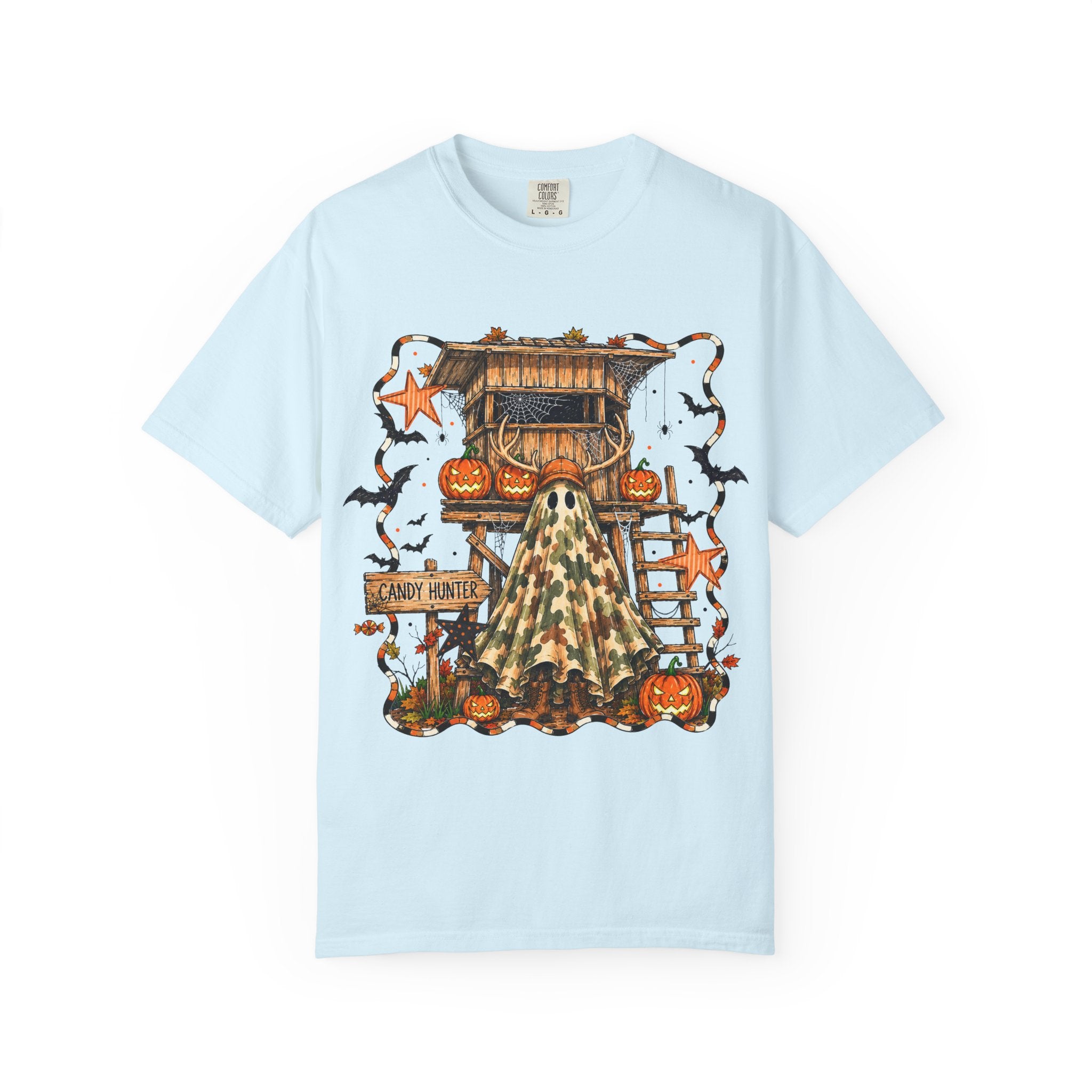 Halloween Ghost Treehouse T-Shirt Front and Back 31 October Camo Pumpkin Tee