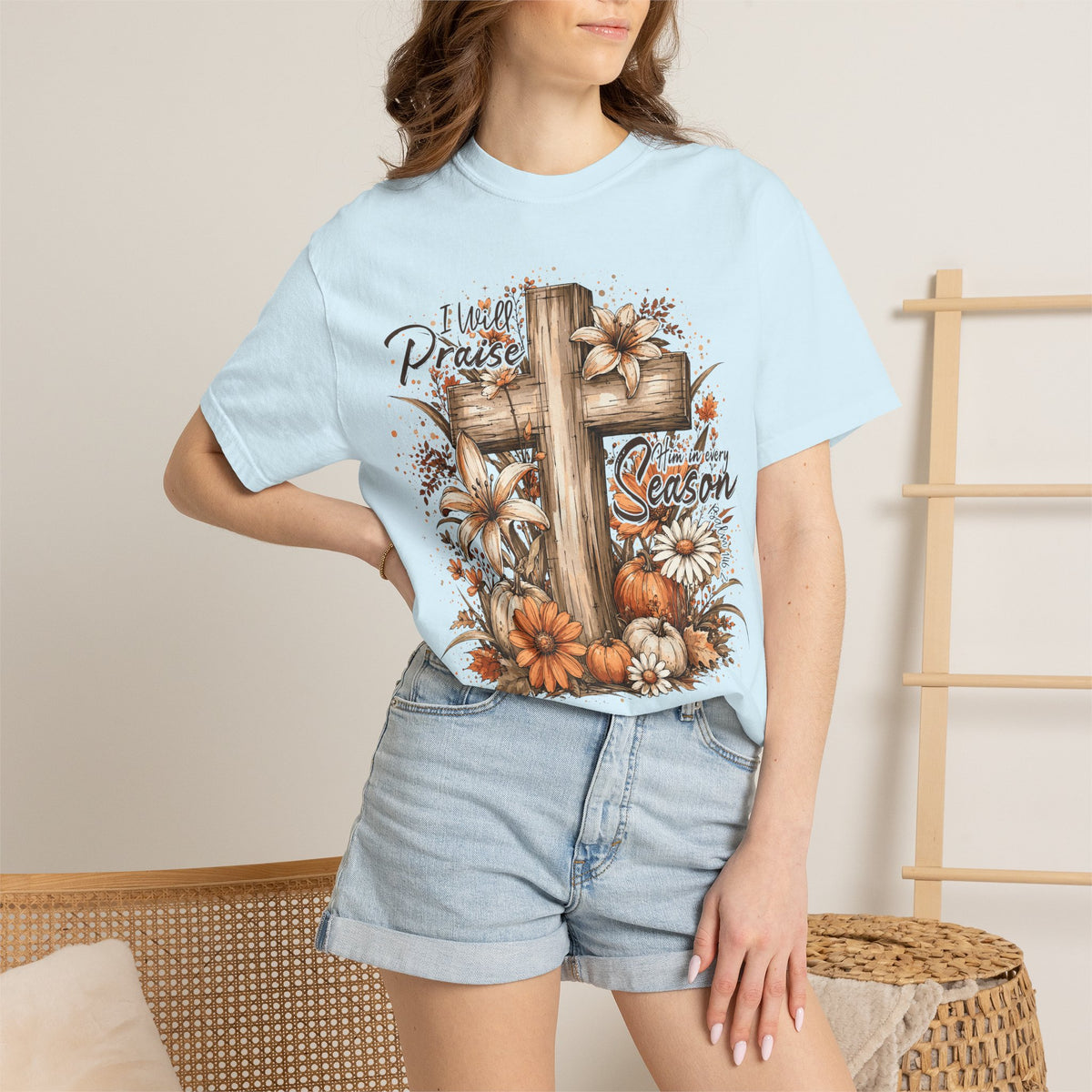 Tee Shirt I Will Praise Every Season Cross with Fall Pumpkins and Flowers