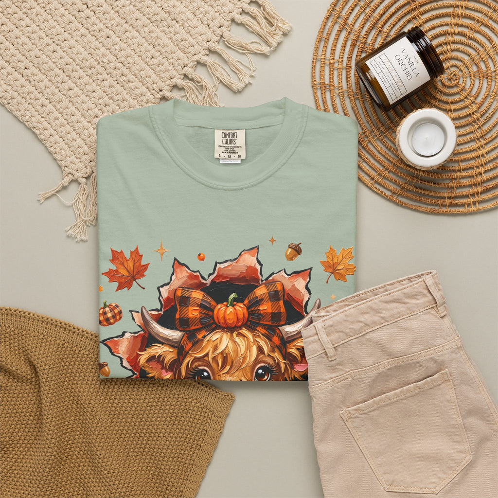 Highland Cow Autumn Tee Shirt Cute Fall Plaid Calf Design