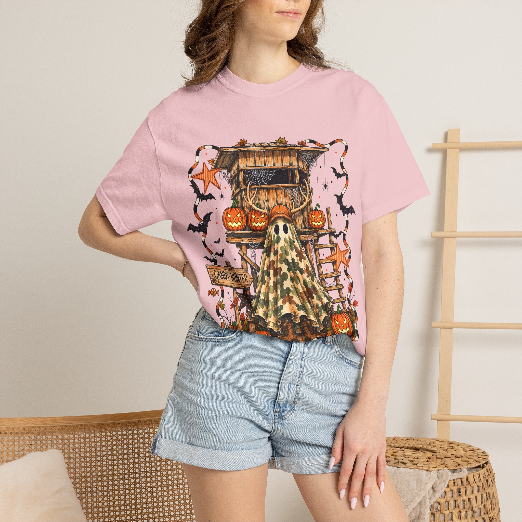 Halloween Ghost Treehouse T-Shirt Front and Back 31 October Camo Pumpkin Tee