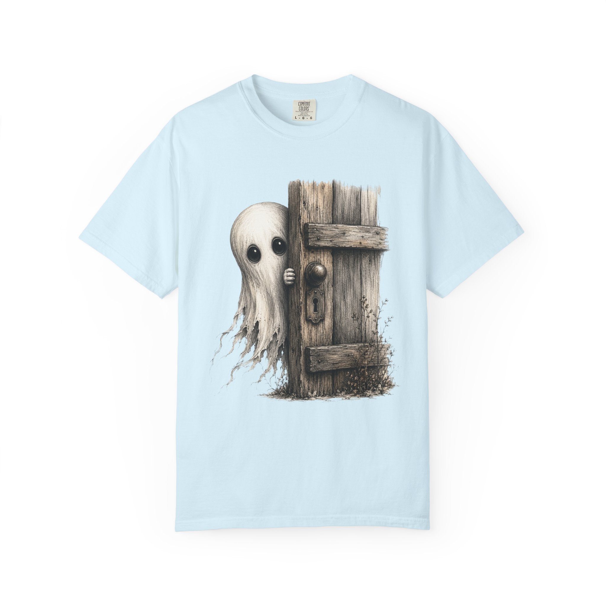 Ghost Peeking Behind Door T Shirt Cute Spooky Halloween Tee