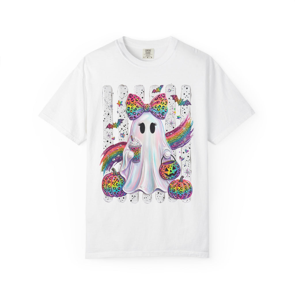 Halloween Rainbow Ghost T Shirt Cute Glittery Ghost with Rainbow Bow and Pumpkins