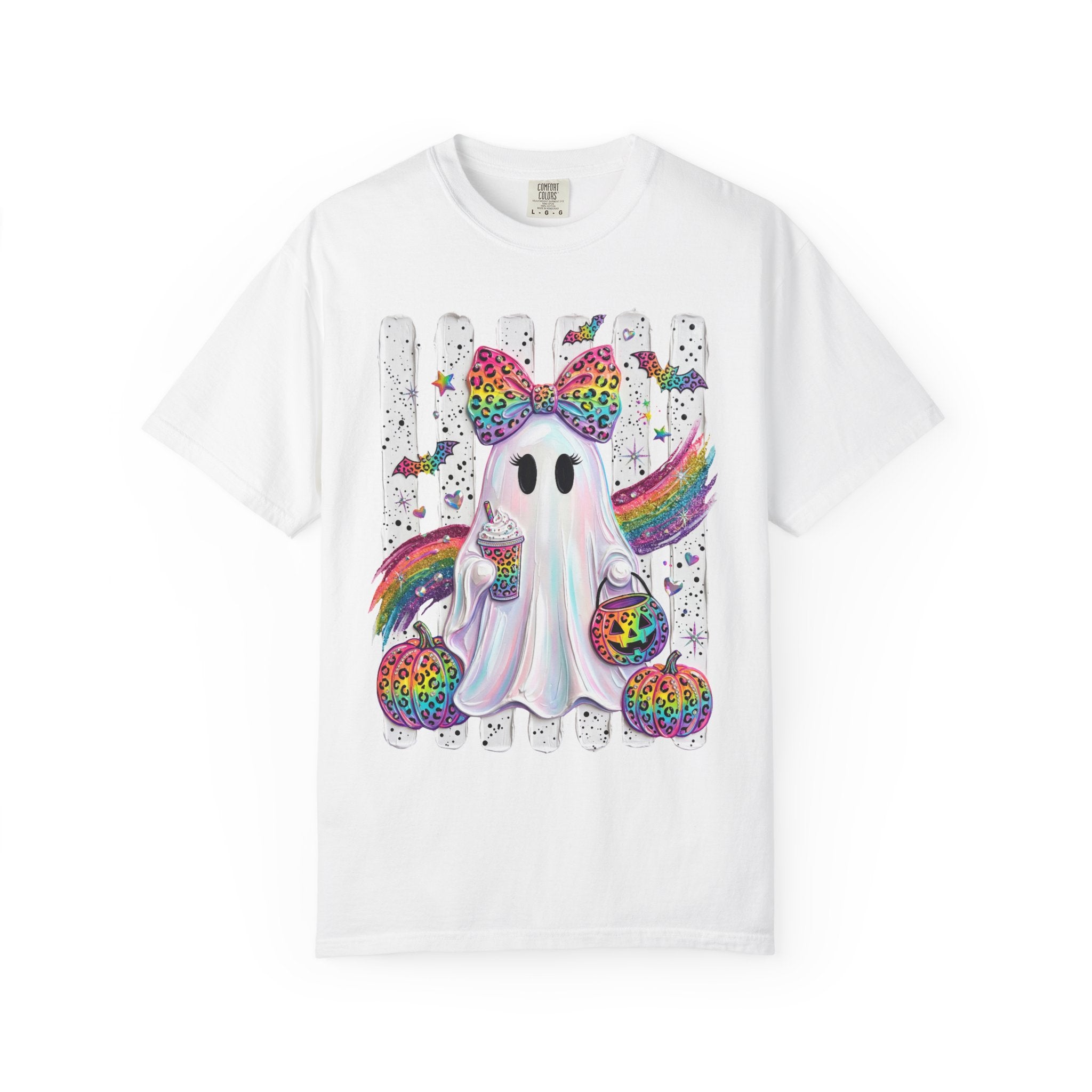 Halloween Rainbow Ghost T Shirt Cute Glittery Ghost with Rainbow Bow and Pumpkins