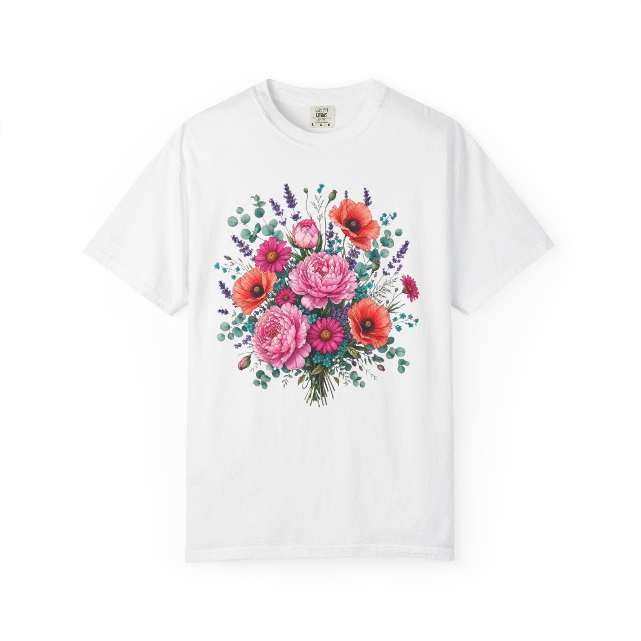 Floral Bouquet T Shirt  Pink Peony and Poppy Garden Tee