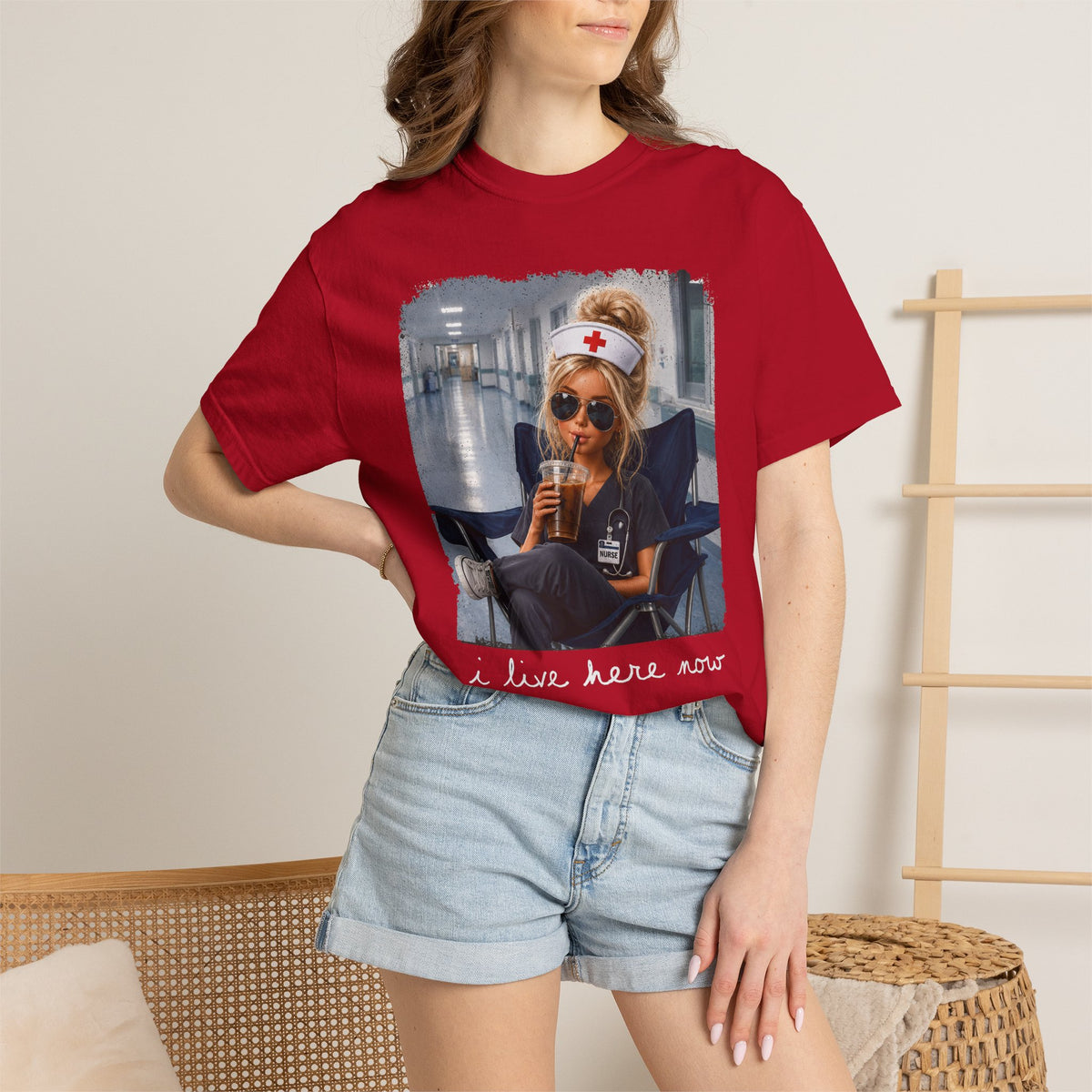Funny Nurse Shirt, I Live Here Now Nurse Tee, Comfort Colors Nursing Shirt, Sarcastic Nurse Gift, ER Nurse Humor, Healthcare Worker Gift