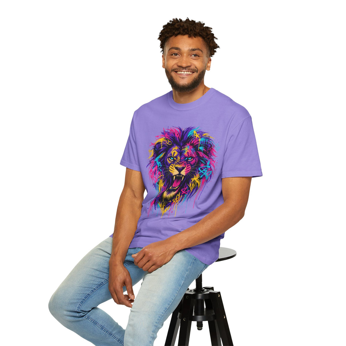Colorful Roaring Lion T Shirt Vibrant Neon Animal Graphic Tee