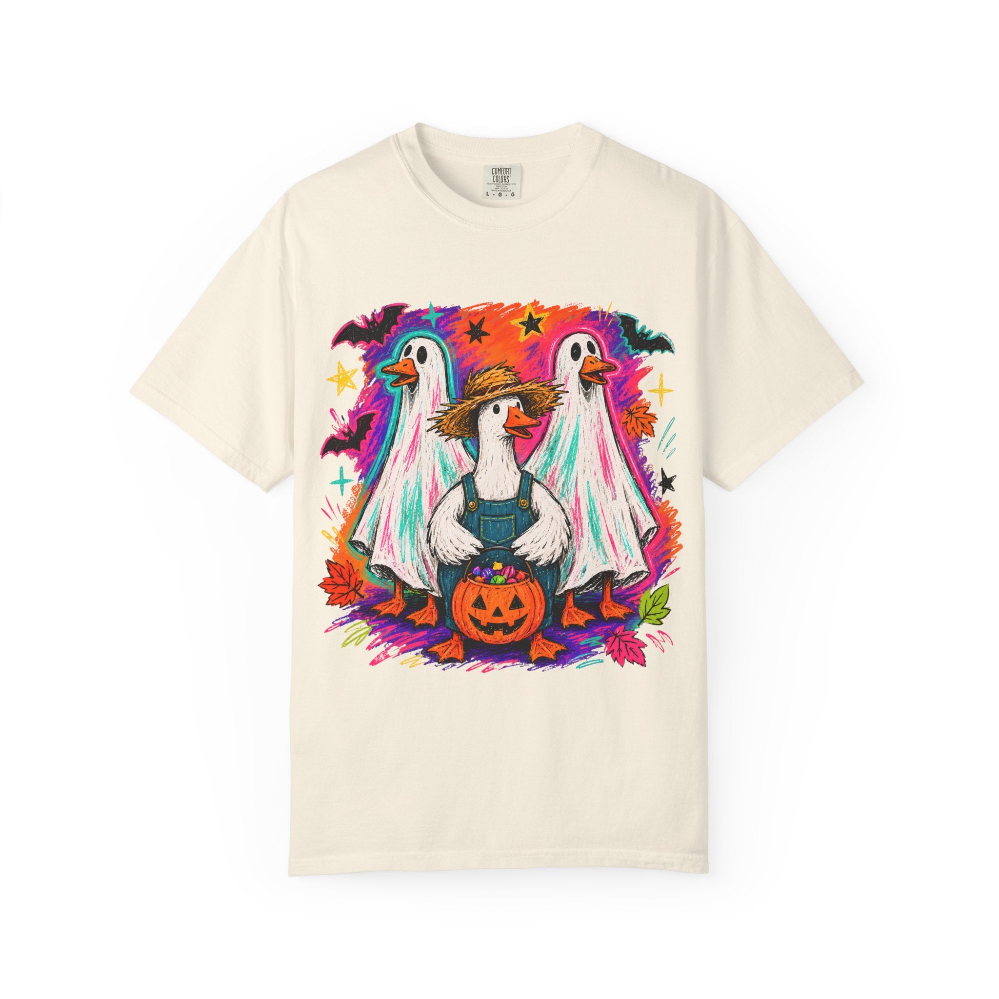 Halloween Goose T Shirt Cute Goose in Ghost Costume with Pumpkin Illustration