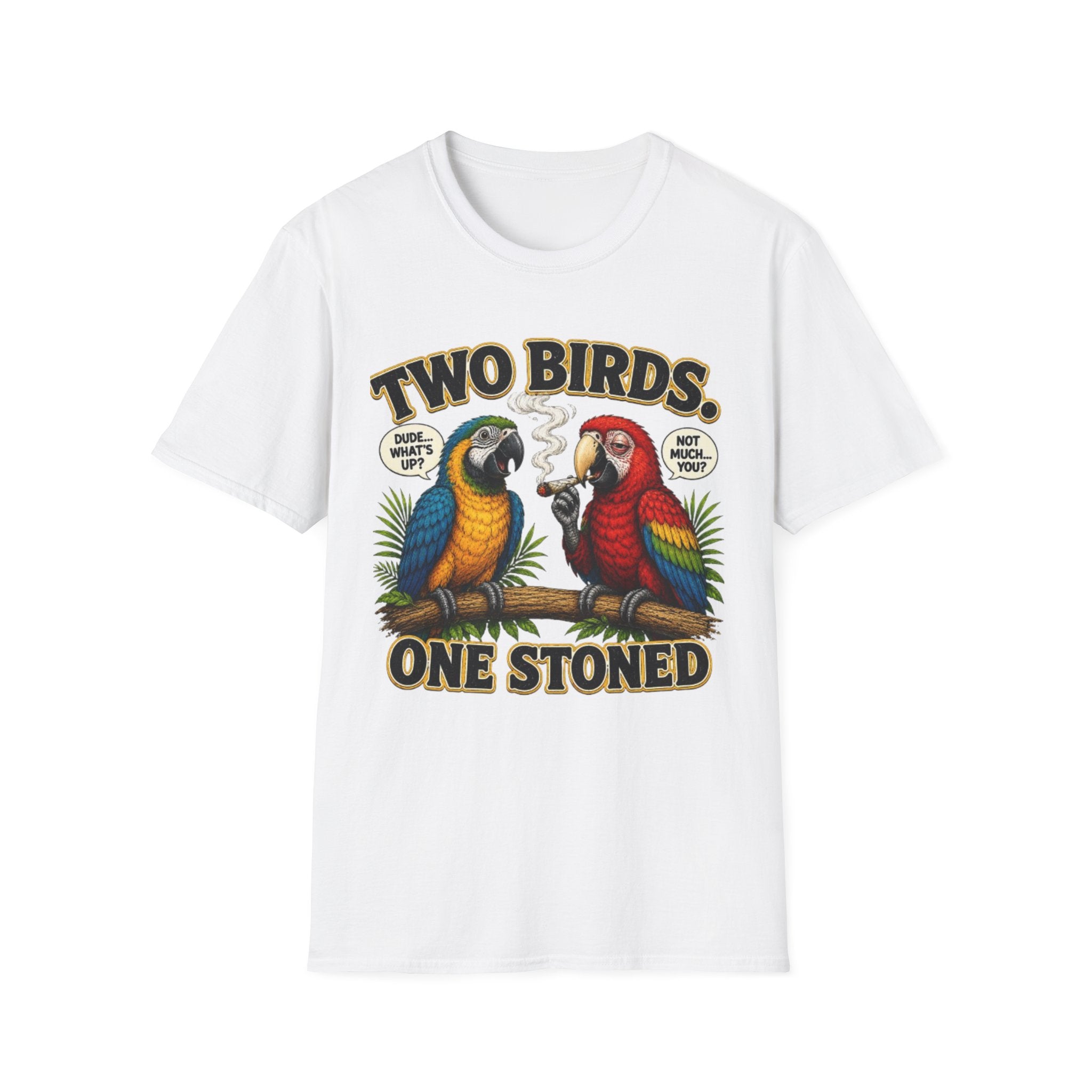 Parrot Graphic Tee Two Birds. One Stoned. Vintage Cannabis Humor T-Shirt