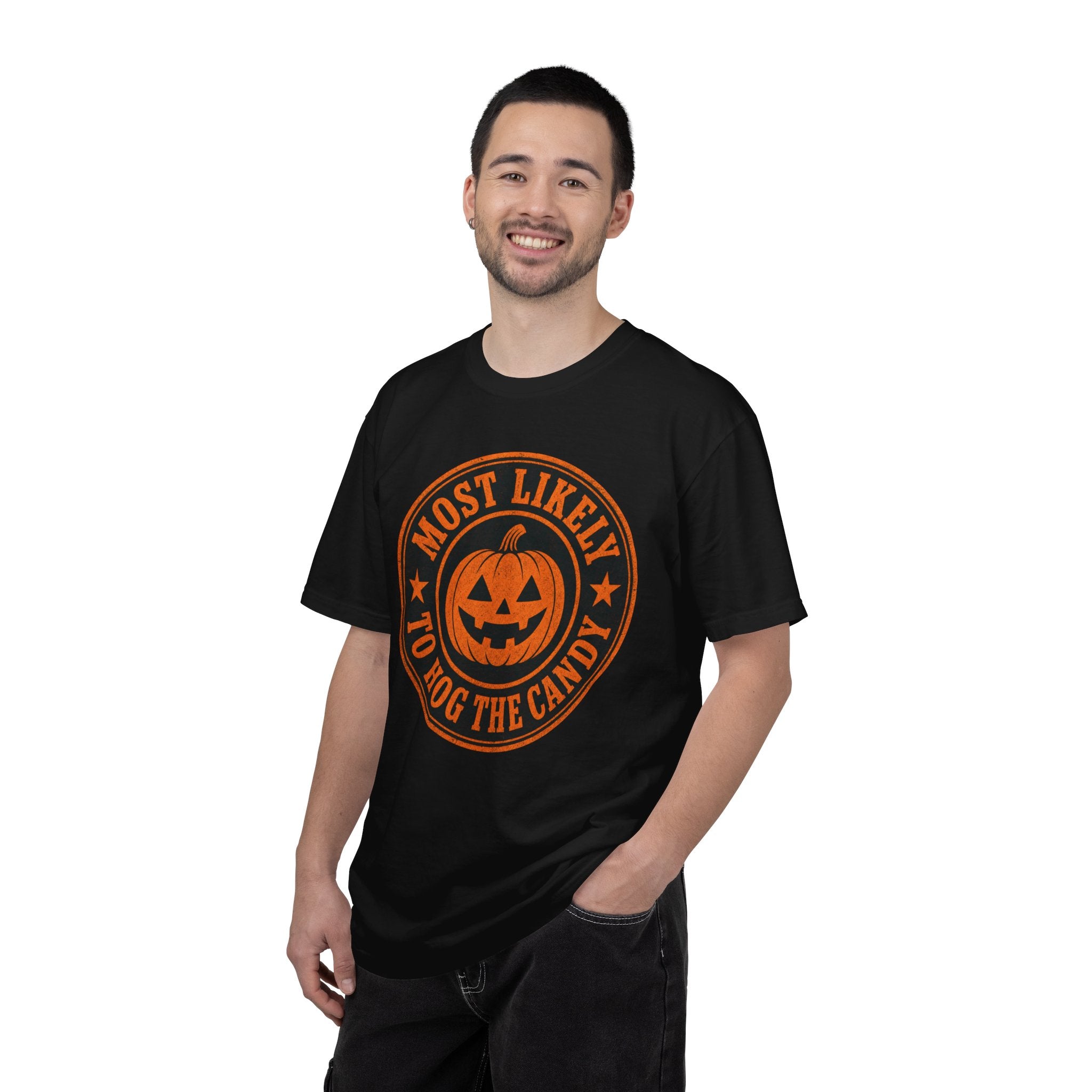 Most Likely to Hog the Candy Halloween T Shirt Jack-O Lantern Pumpkin Graphic Tee