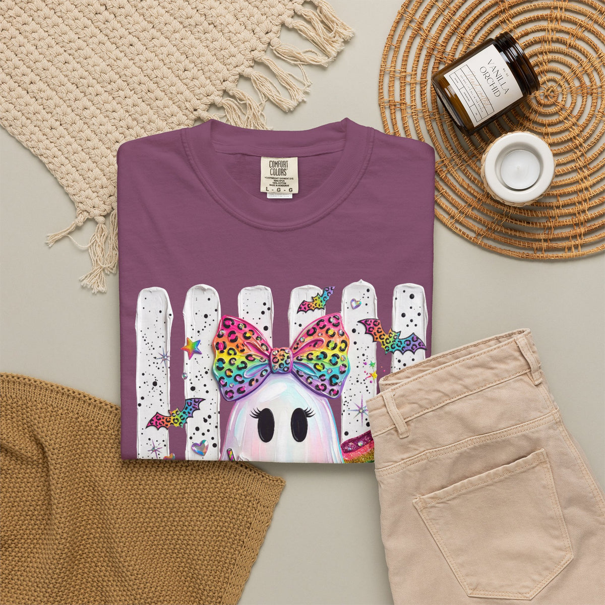 Halloween Rainbow Ghost T Shirt Cute Glittery Ghost with Rainbow Bow and Pumpkins