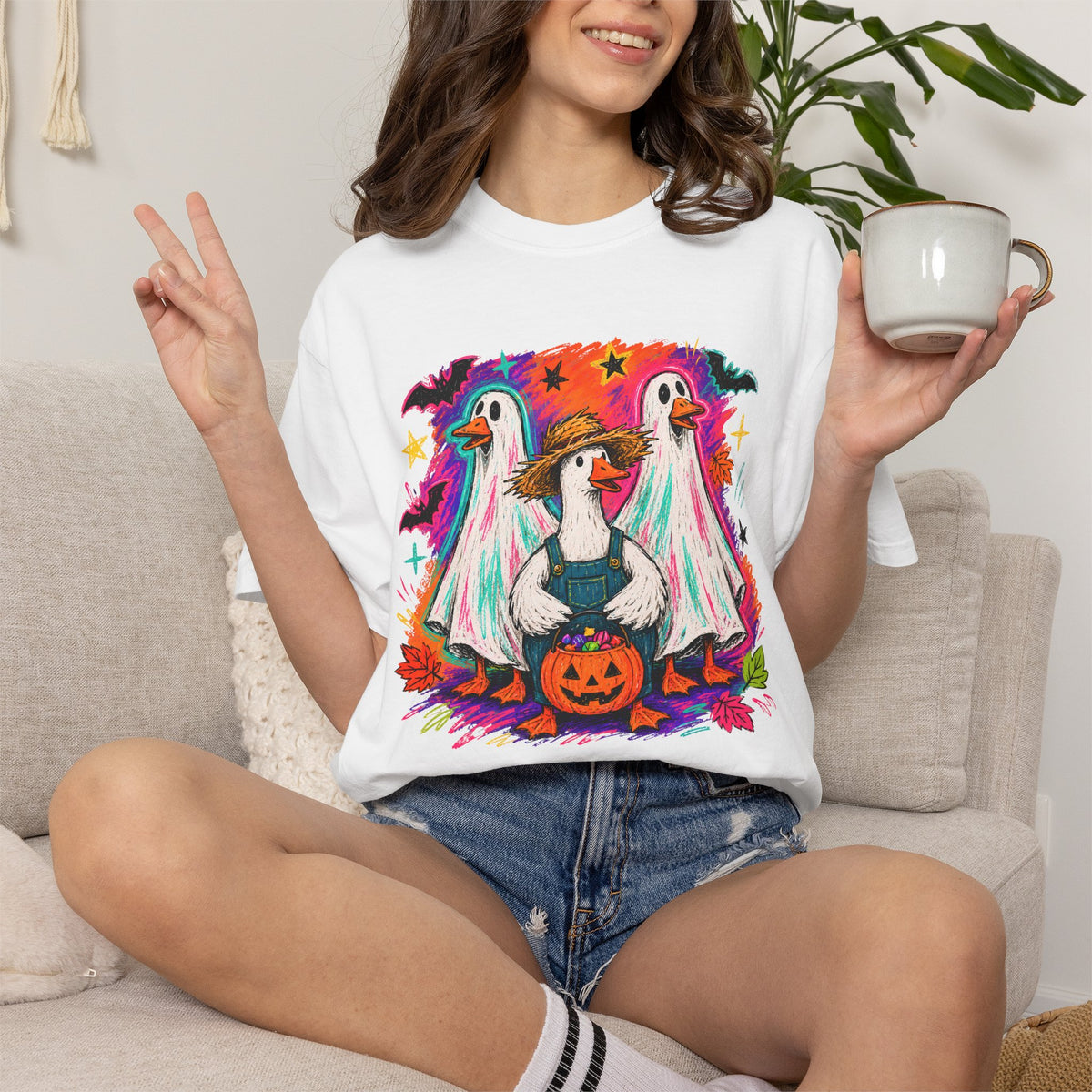 Halloween Goose T Shirt Cute Goose in Ghost Costume with Pumpkin Illustration
