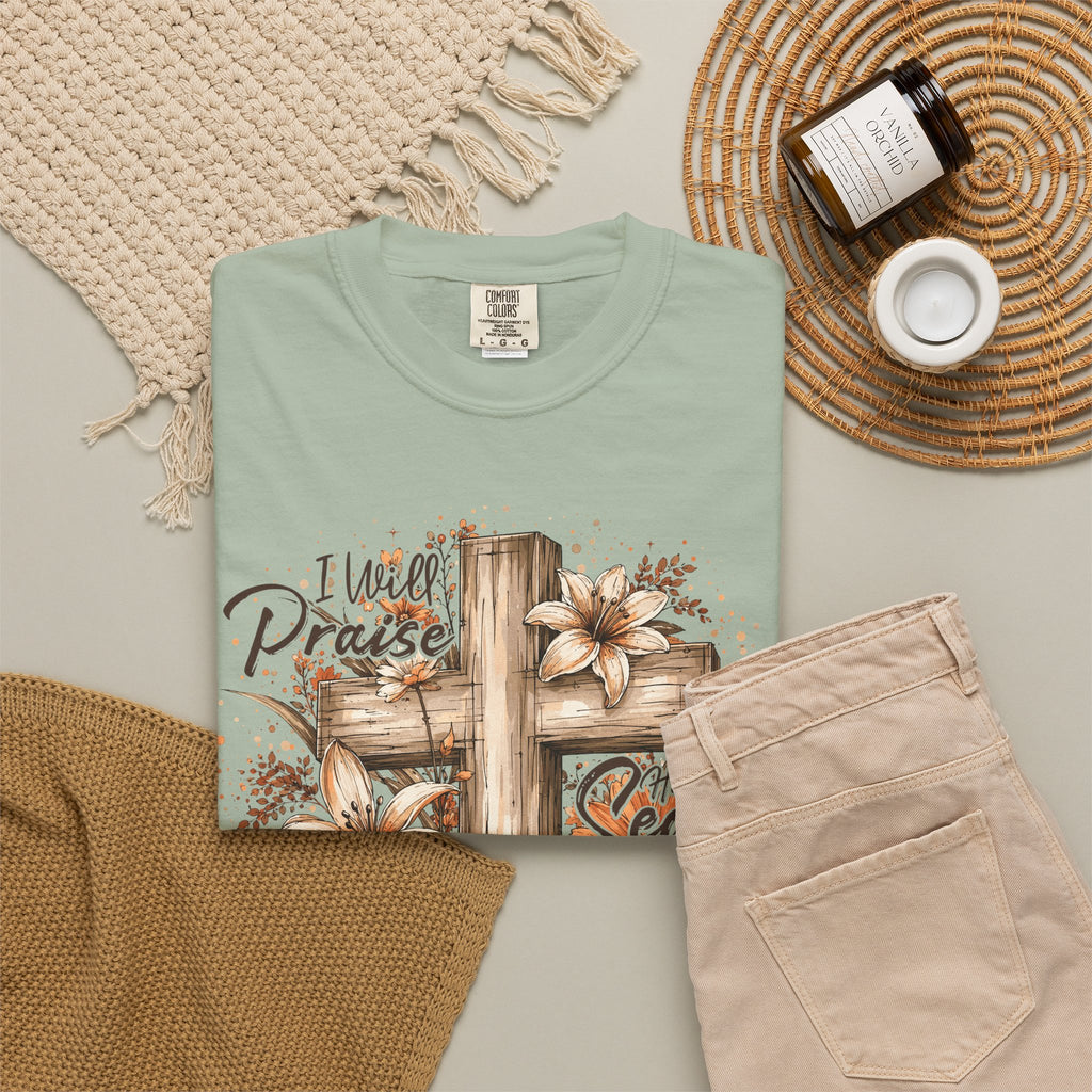 Tee Shirt I Will Praise Every Season Cross with Fall Pumpkins and Flowers