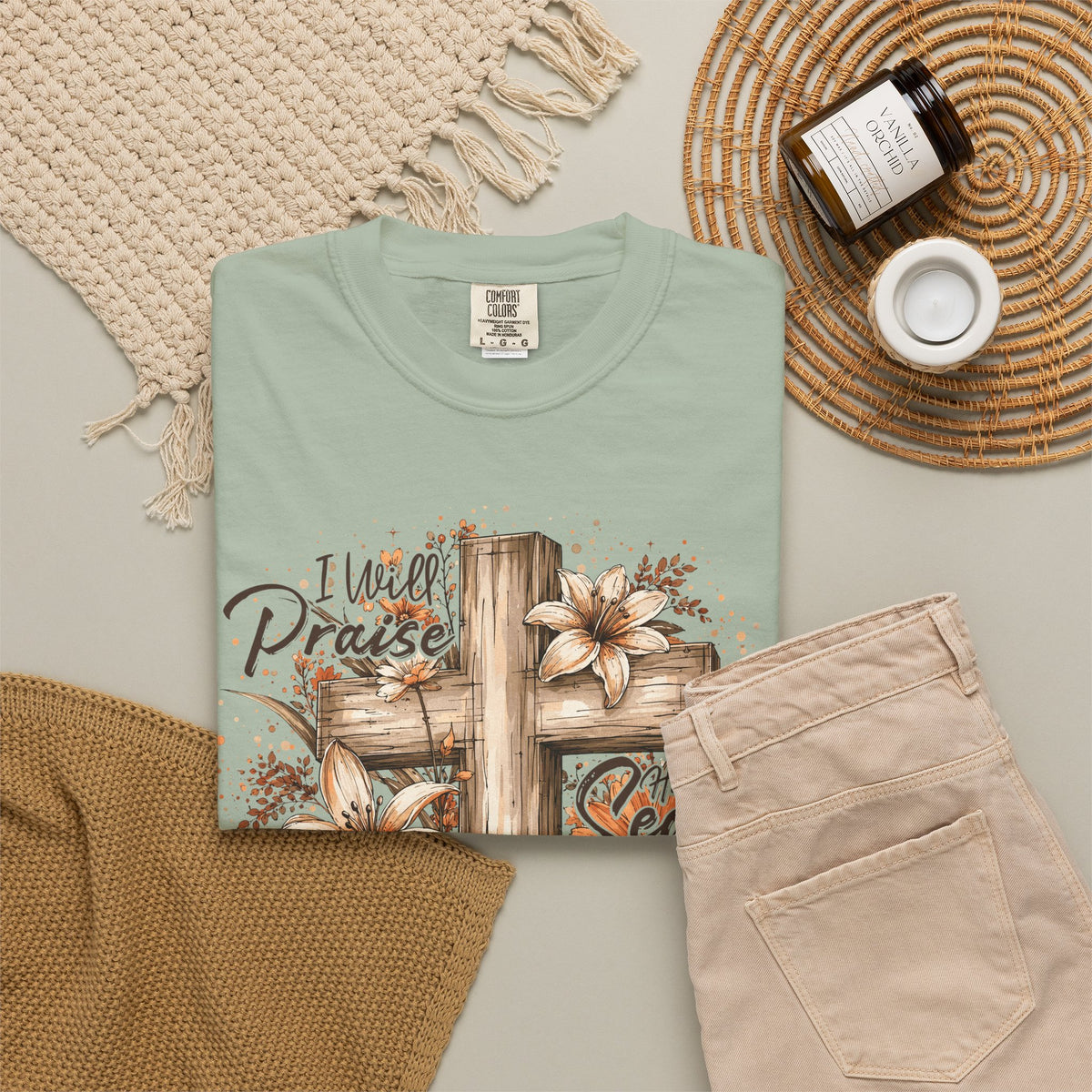 Tee Shirt I Will Praise Every Season Cross with Fall Pumpkins and Flowers