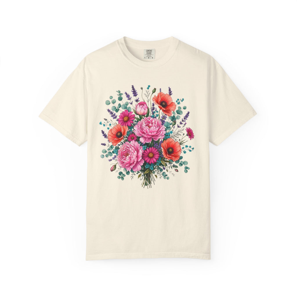 Floral Bouquet T Shirt  Pink Peony and Poppy Garden Tee
