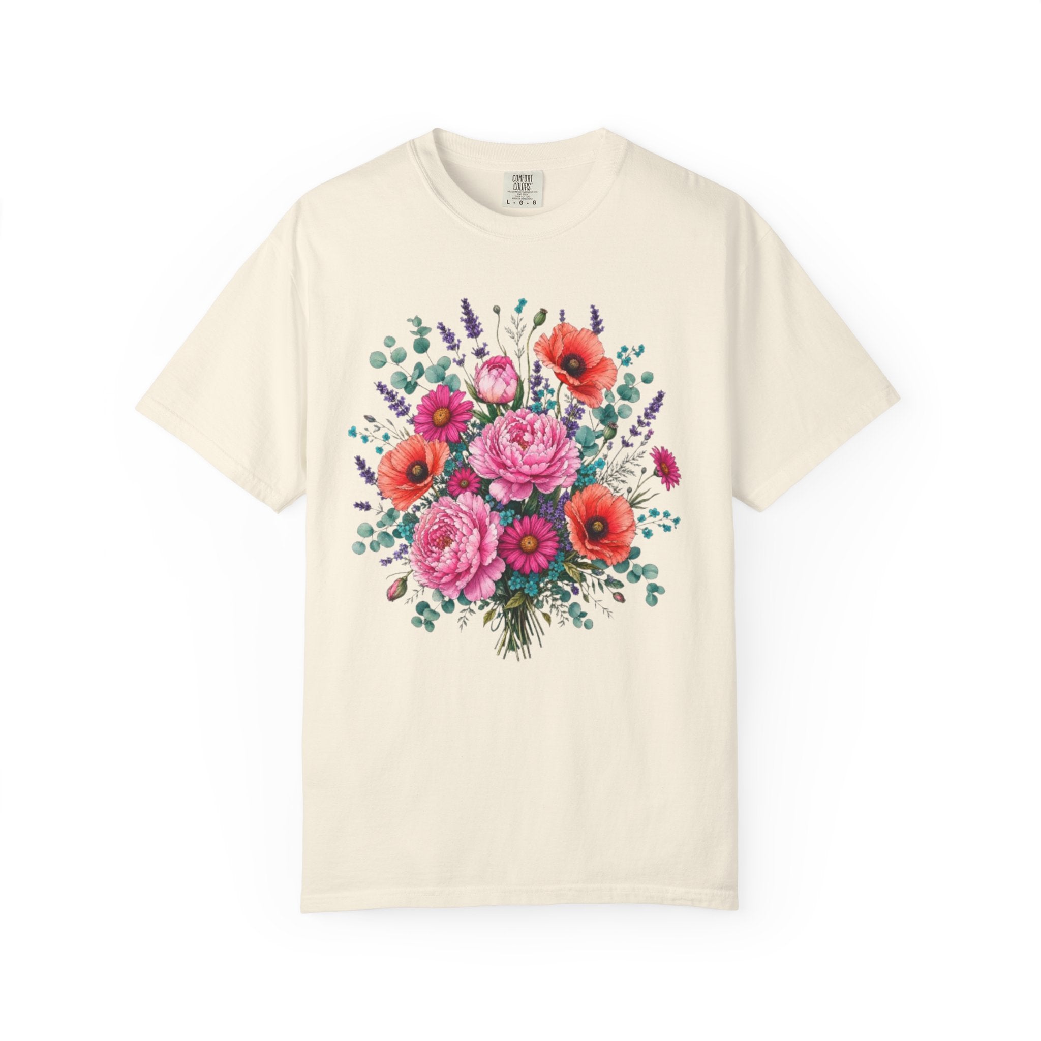 Floral Bouquet T Shirt  Pink Peony and Poppy Garden Tee