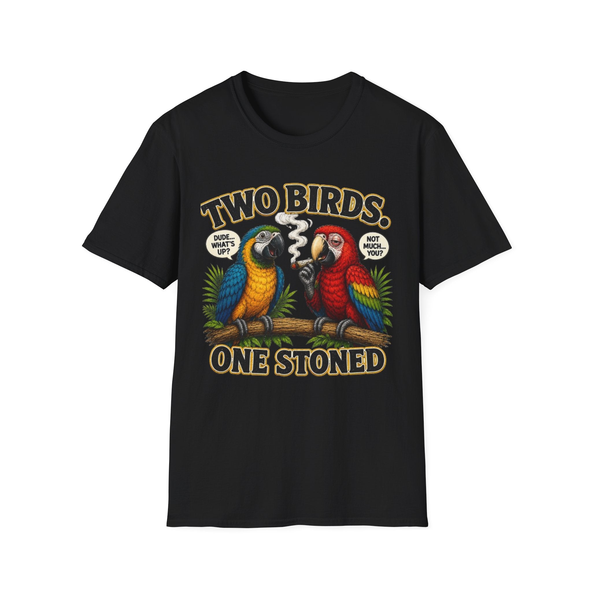 Parrot Graphic Tee Two Birds. One Stoned. Vintage Cannabis Humor T-Shirt