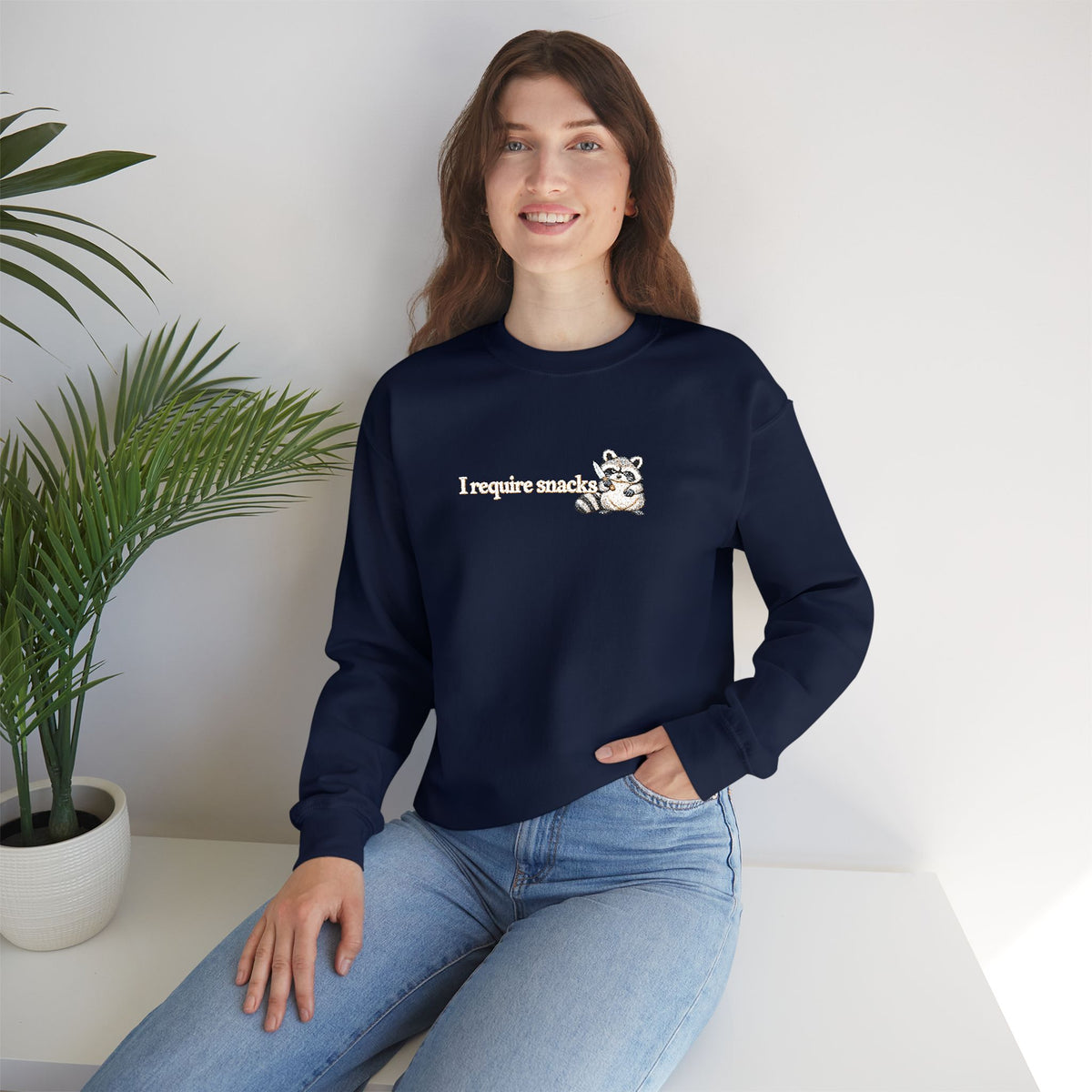 I Require Snacks Embroidered Sweatshirt, Funny Raccoon Sweatshirt, Minimalist Embroidery, Sarcastic Animal Lover Gift, Cozy Crewneck