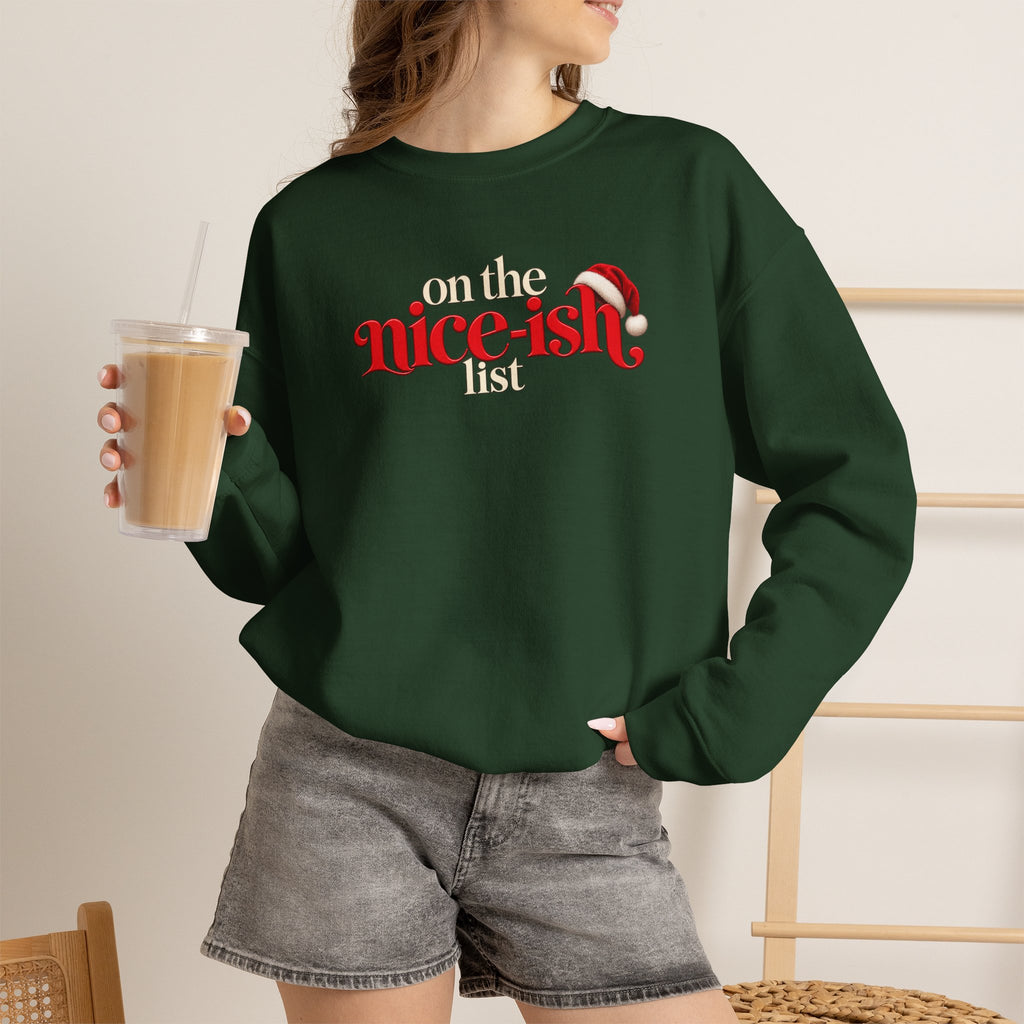 On the Nice-ish List Sweatshirt, Funny Christmas Sweater, Cute Holiday Crewneck, Santa Hat Christmas Shirt, Christmas Gift for Her