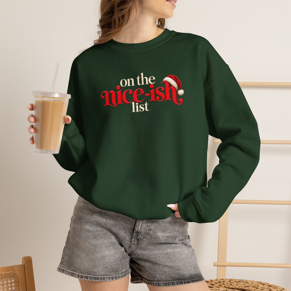 On the Nice-ish List Sweatshirt, Funny Christmas Sweater, Cute Holiday Crewneck, Santa Hat Christmas Shirt, Christmas Gift for Her