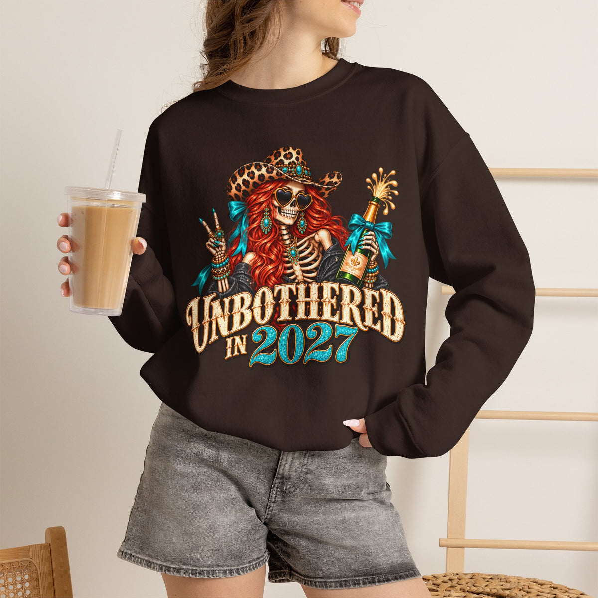 Unbothered in 2027 Sweatshirt, Funny New Years Shirt, Western Cowgirl Skeleton Crewneck, Sassy New Year Outfit, Leopard Print Gift