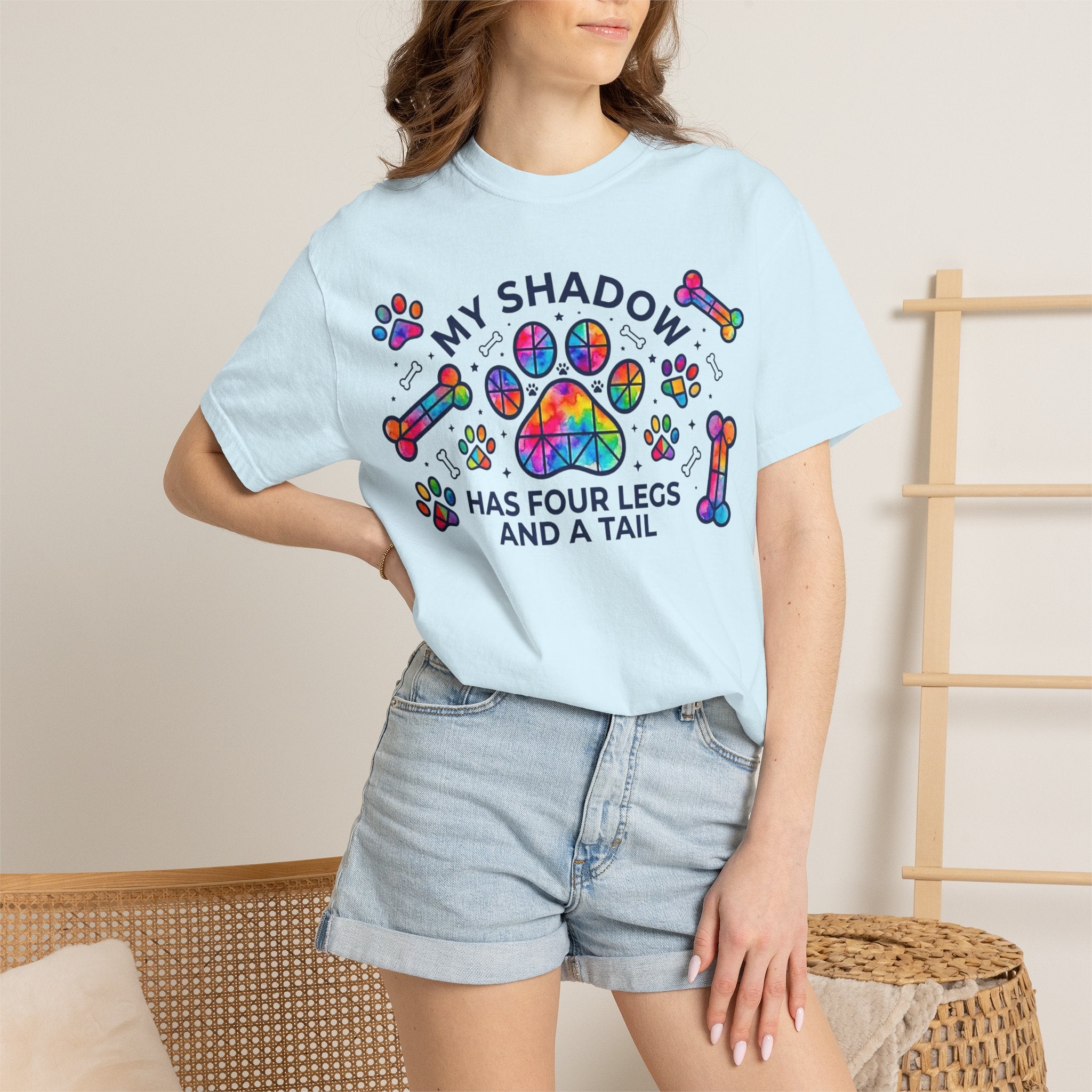 My Shadow Has Four Legs And A Tail T-Shirt Colorful Paw Print Dog Lover Tee