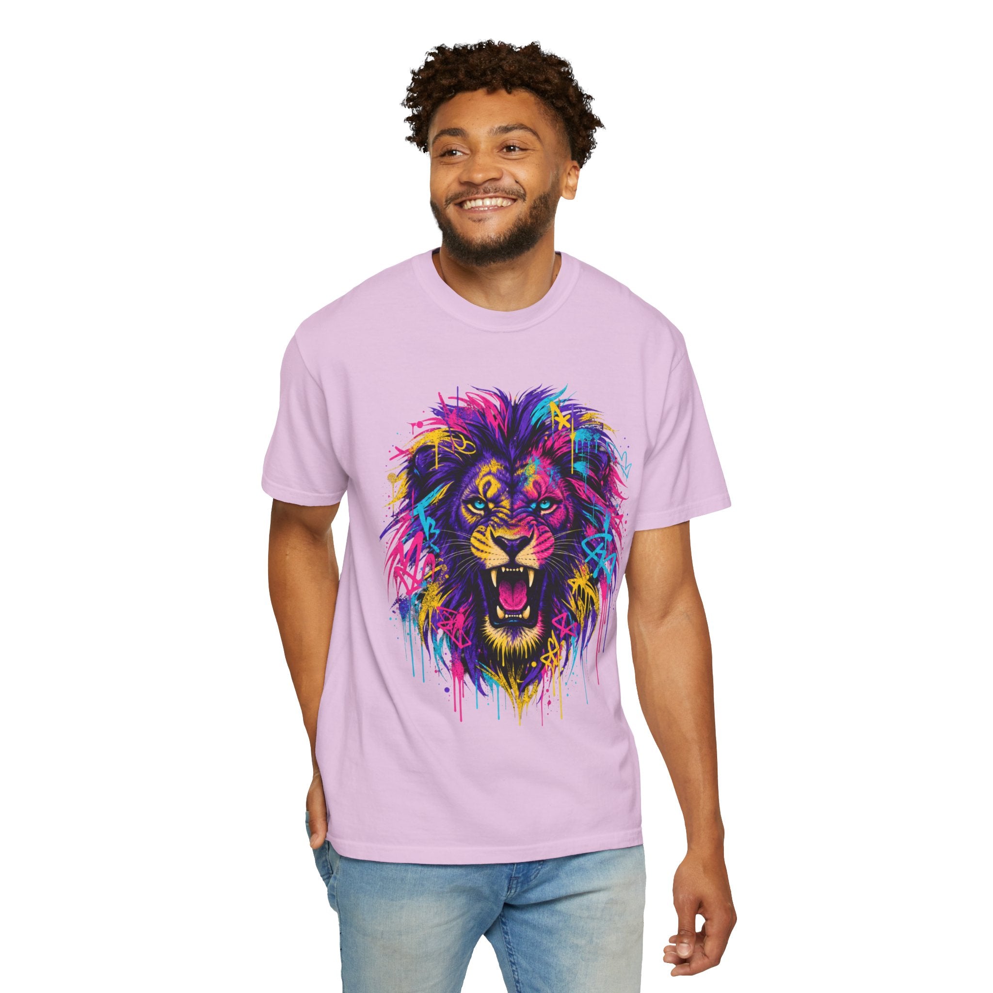 Colorful Roaring Lion T Shirt Vibrant Neon Animal Graphic Tee