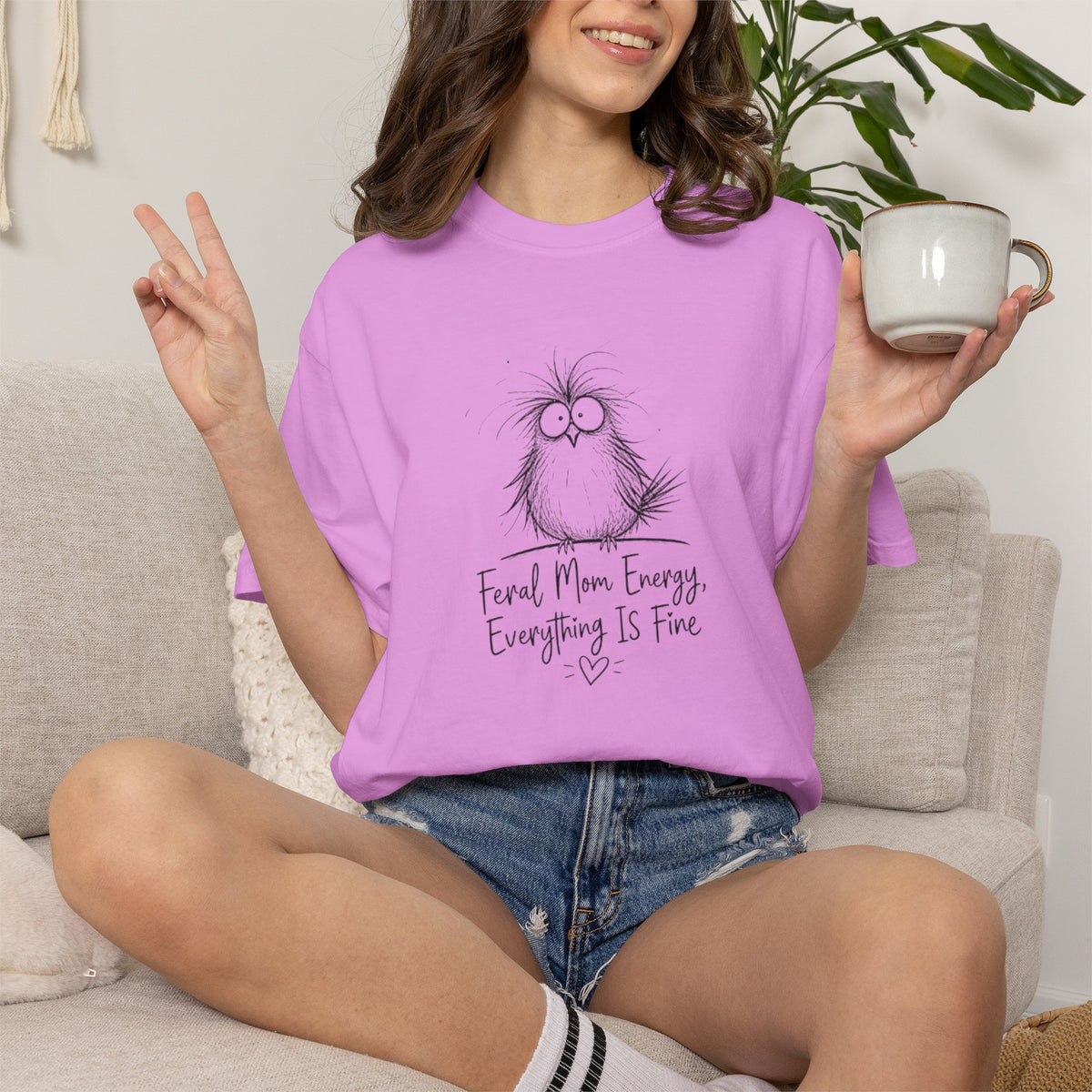 Feral Mom Energy Tee Shirt Cute Fluffy Bird Graphic Tee