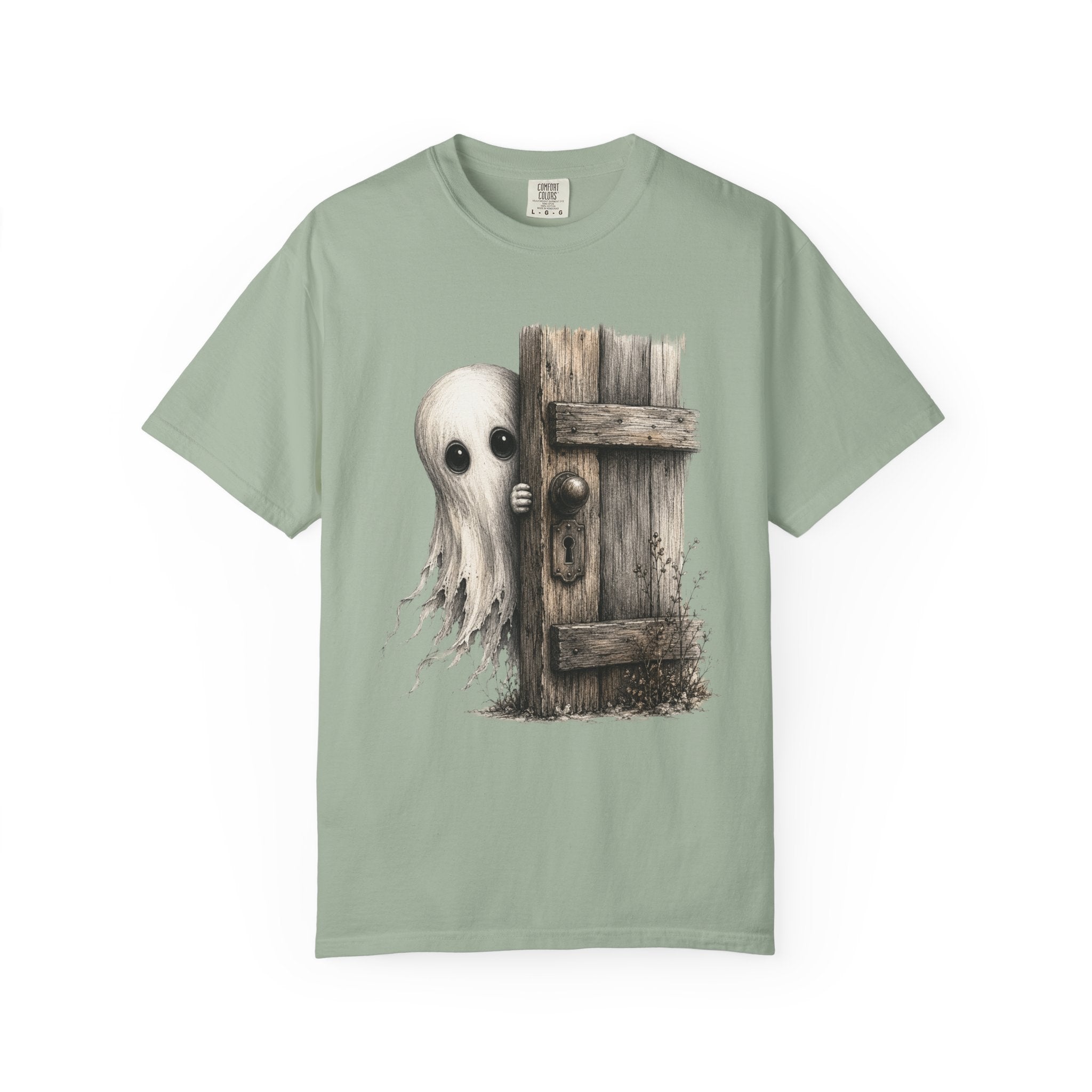 Ghost Peeking Behind Door T Shirt Cute Spooky Halloween Tee