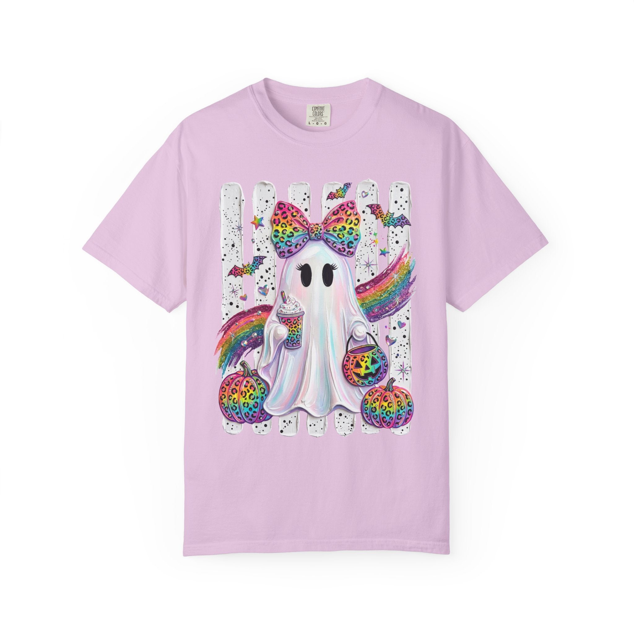 Halloween Rainbow Ghost T Shirt Cute Glittery Ghost with Rainbow Bow and Pumpkins