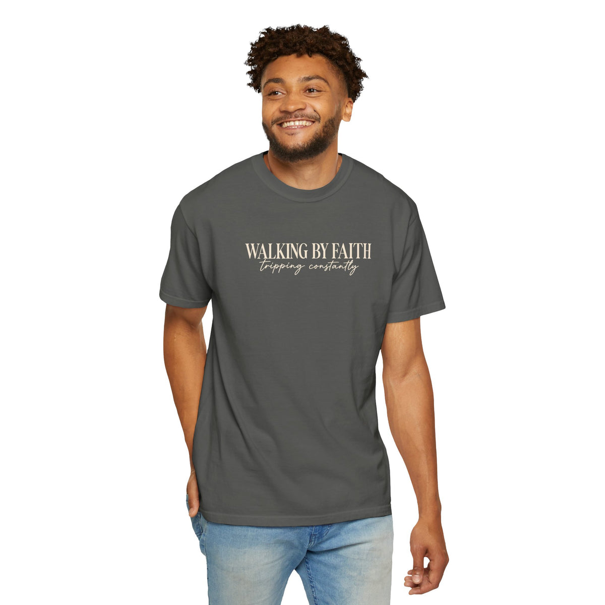 Walking by Faith T Shirt Christian Inspirational Tee Walking by Faith, tripping constantly