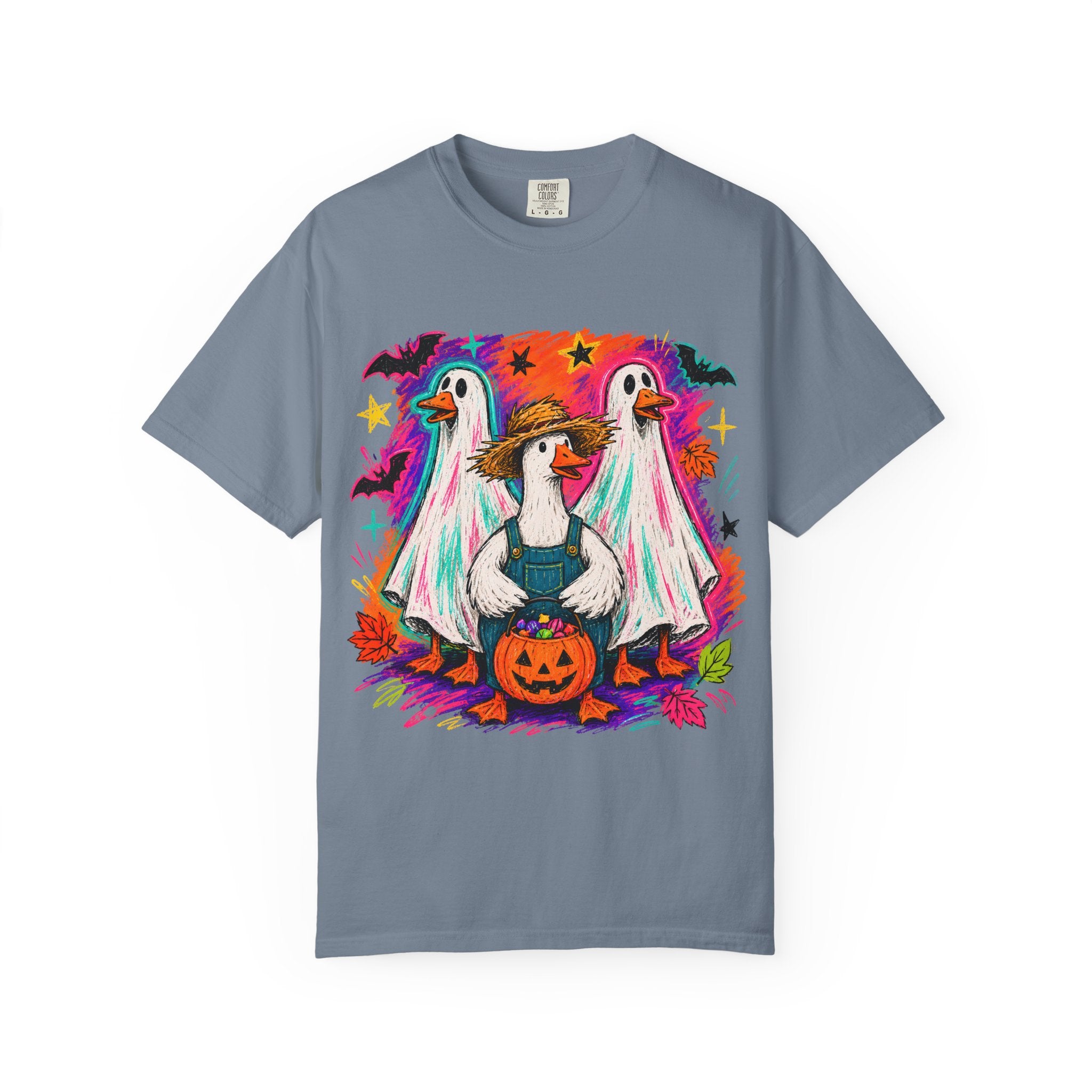 Halloween Goose T Shirt Cute Goose in Ghost Costume with Pumpkin Illustration