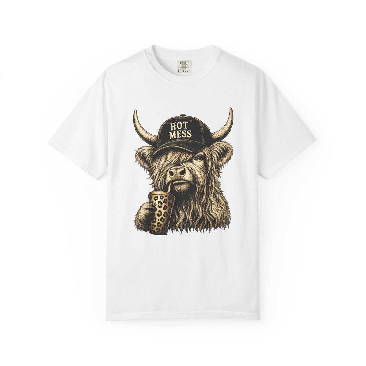 Hot Mess Highland Cow T Shirt Funny Cow with Coffee Graphic