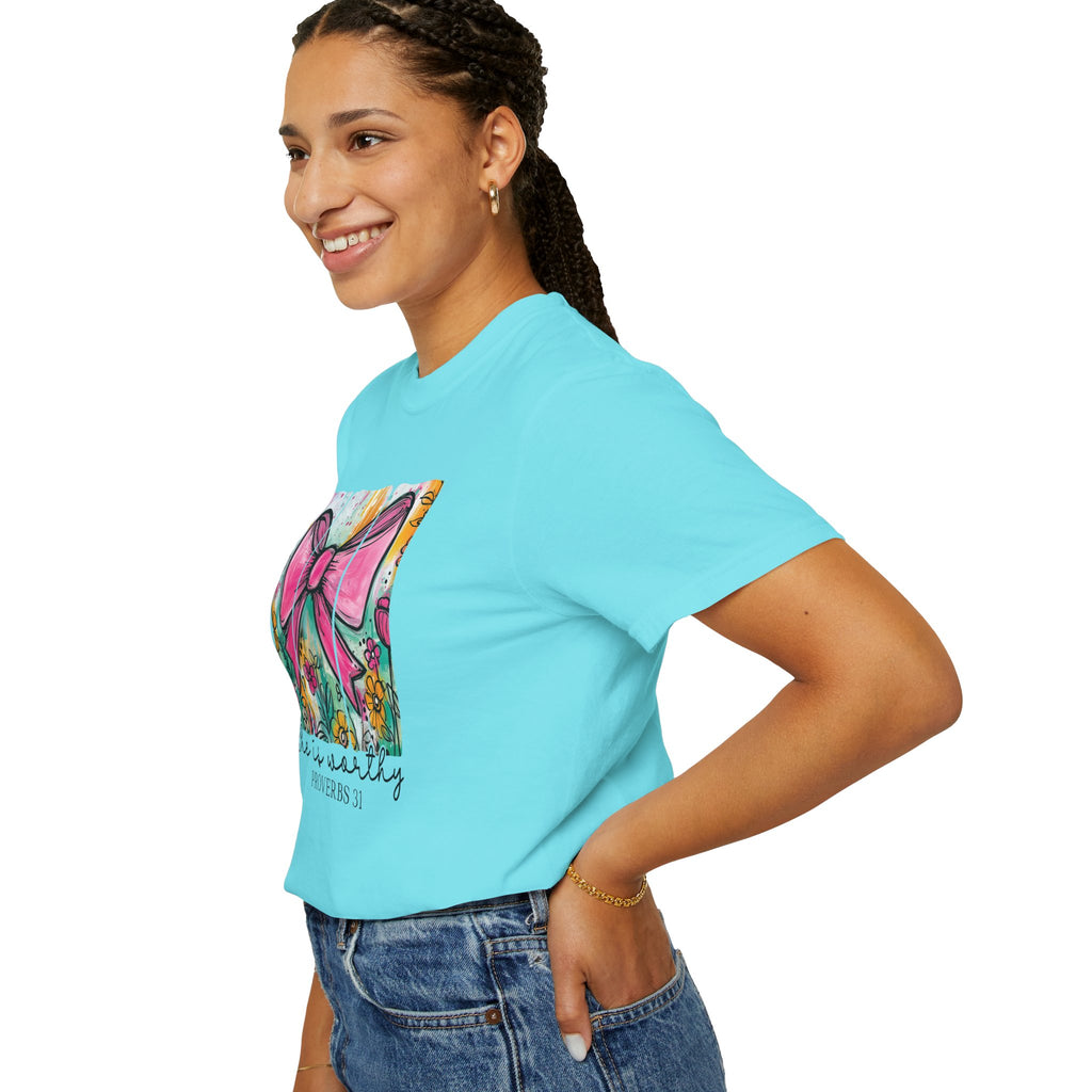Pink Bow Floral Illustration Tee Shirt | She is Worthy Proverbs 31 Christian Tee