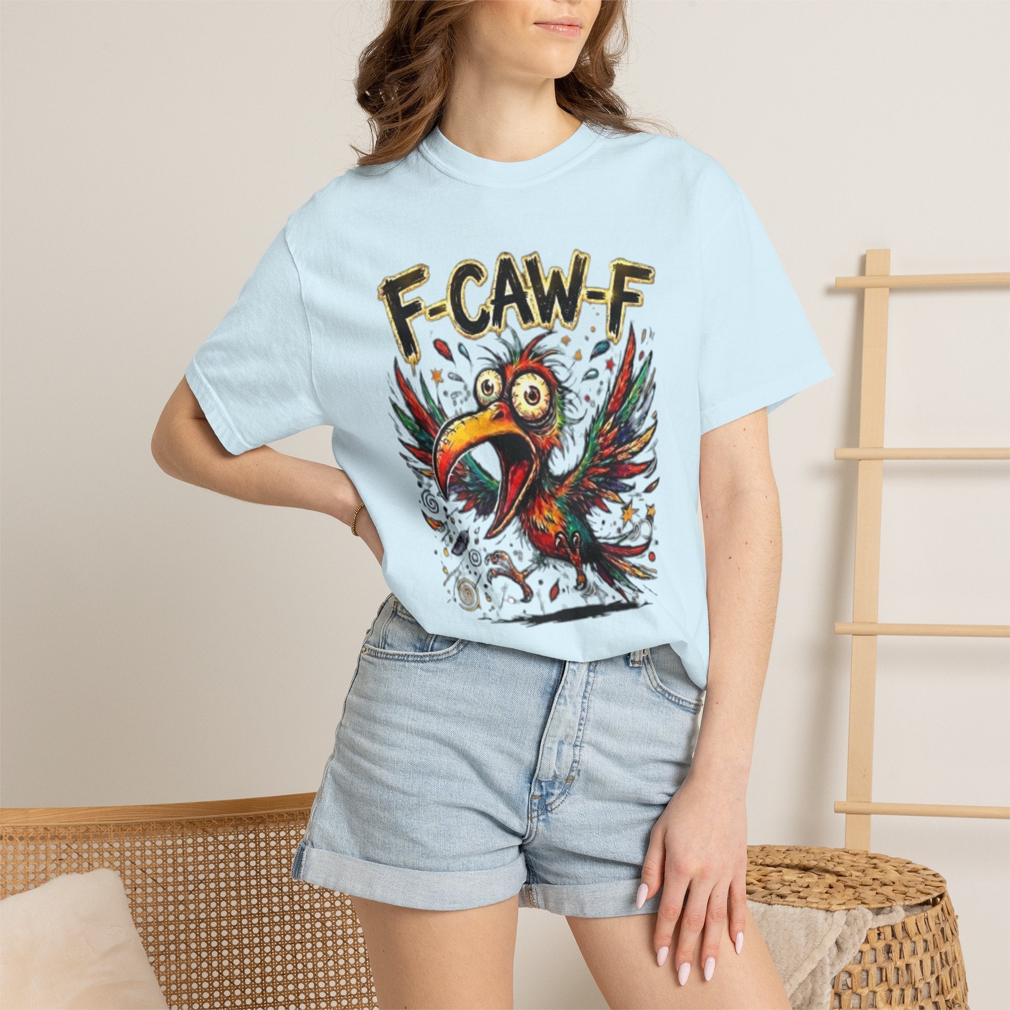 F-CAW-F Cartoon Parrot T-Shirt Colorful Tropical Bird Graphic Tee