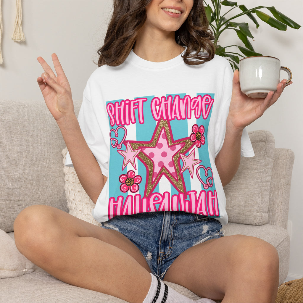Shift Change Hallelujah T Shirt Cute Pink Star Nurse Worker Tee