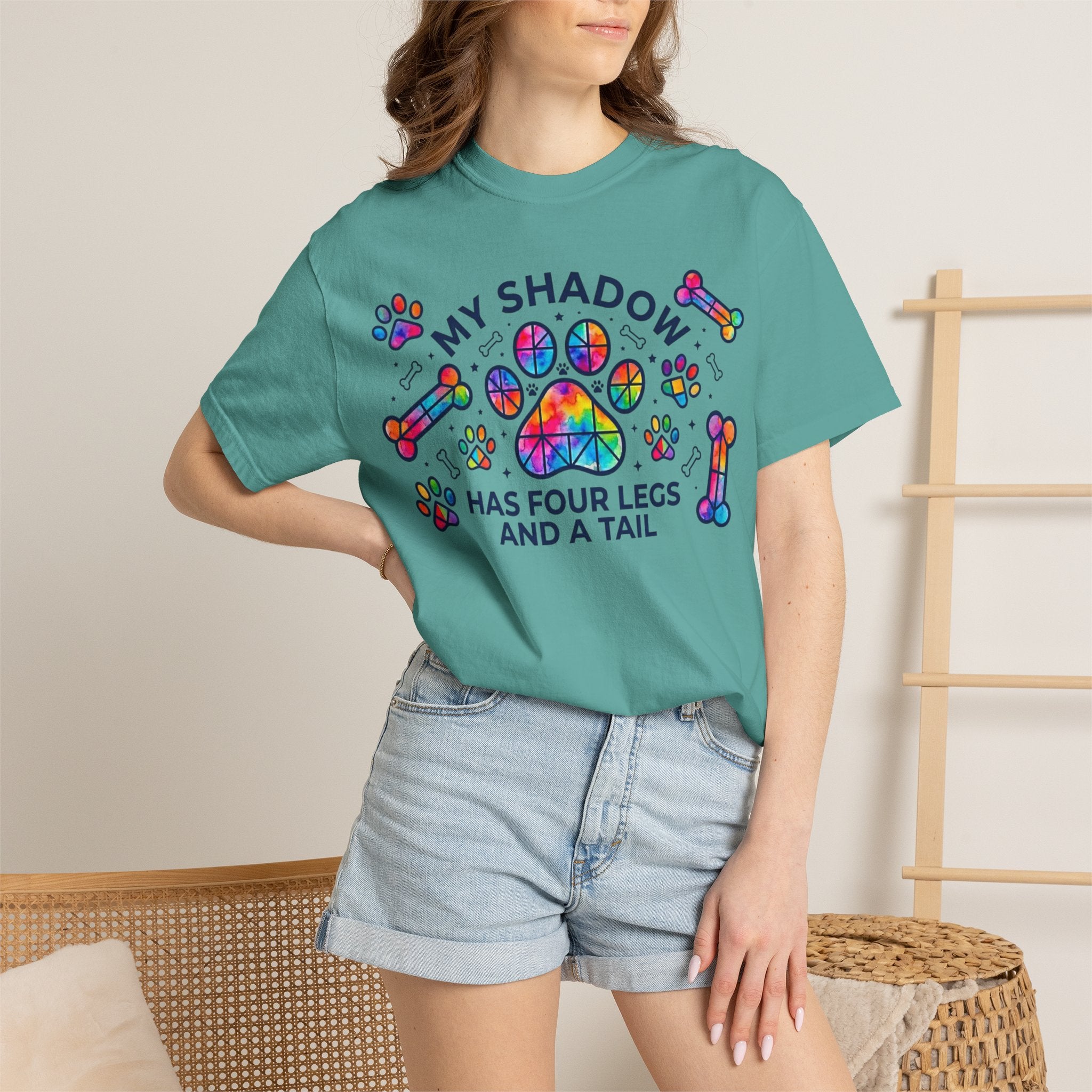 My Shadow Has Four Legs And A Tail T-Shirt Colorful Paw Print Dog Lover Tee