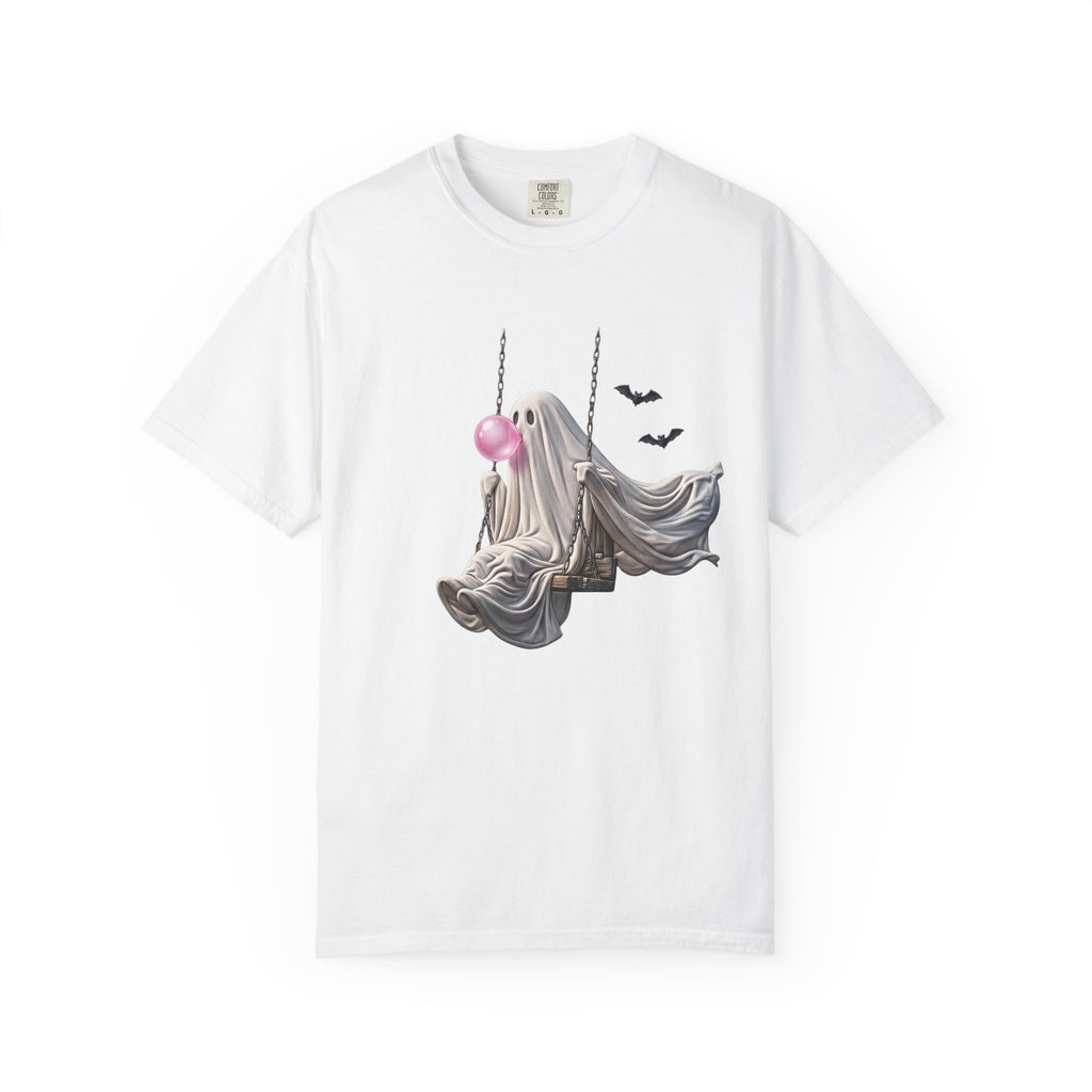 Ghost on Swing Tee Shirt | Cute Halloween Ghost Blowing Bubblegum, Bats