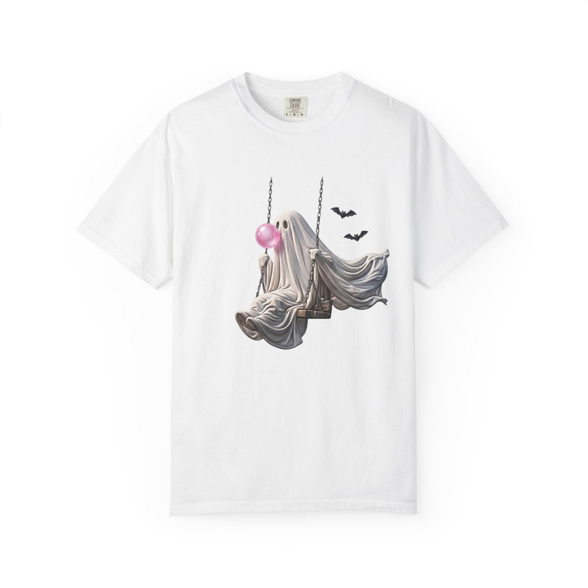 Ghost on Swing Tee Shirt | Cute Halloween Ghost Blowing Bubblegum, Bats
