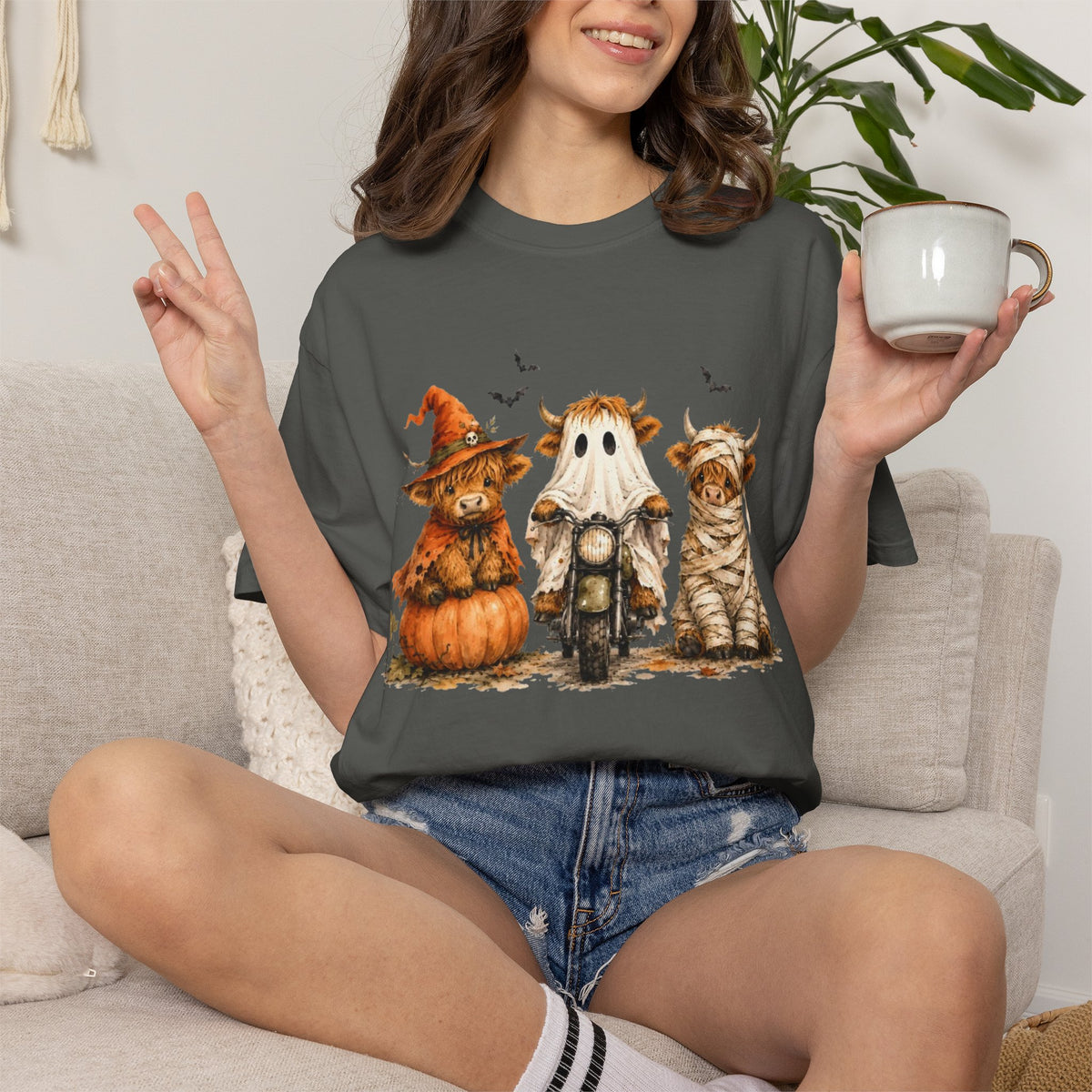Halloween Pumpkin Cat Ghost T Shirt Cute Spooky Trio Tee